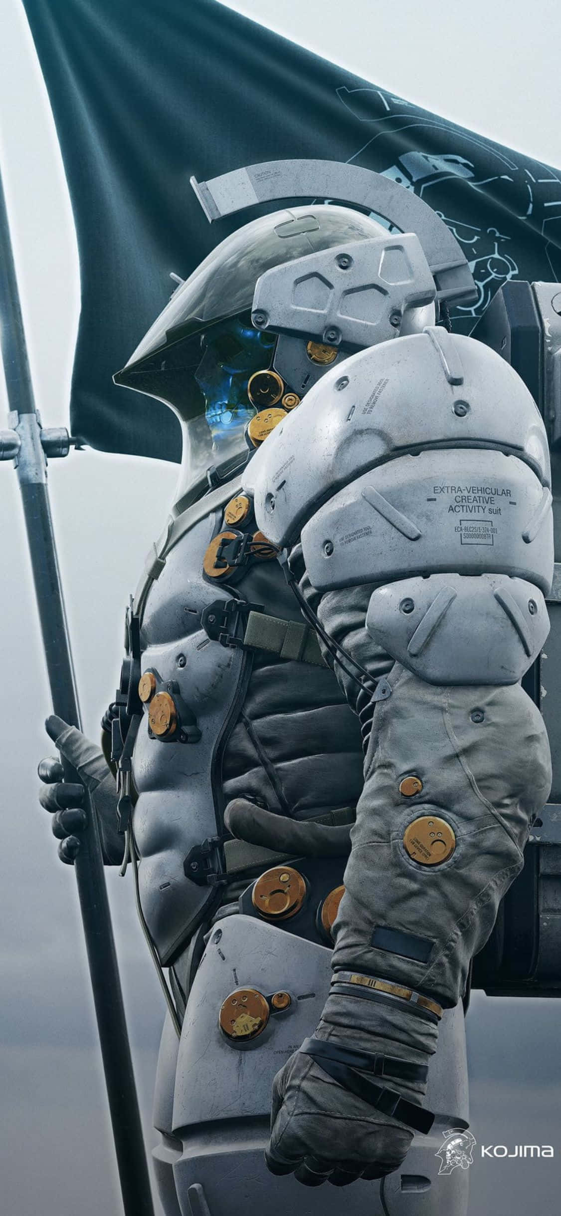 iPhone X Death Stranding 桌布 壁紙 — 一位未來風格的太空人身穿細節豐富的灰色太空衣，在霧濛濛的灰色背景下舉著旗幟。