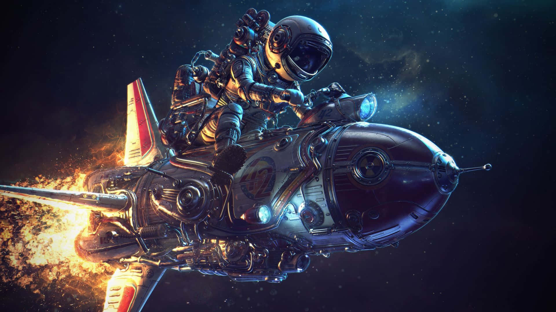 Illustration 桌布 壁紙 — 一位未來風格的太空人騎著火箭推進的機車，穿越佈滿星空的宇宙虛空，身後留下熾熱的排氣尾焰。