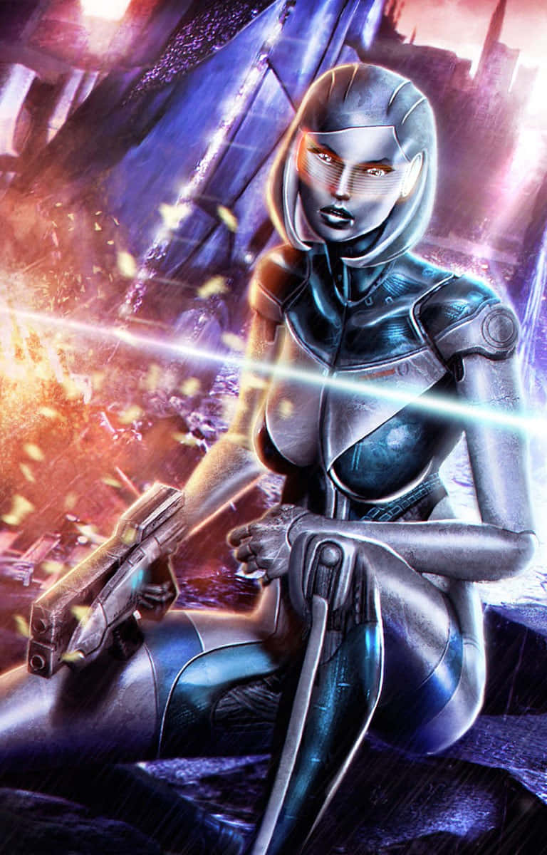 Mass Effect Edi 桌布 壁紙 — 一位未來風格的女性戰士身穿流線型裝甲，在破碎的霓虹城市景觀中發射發光武器。
