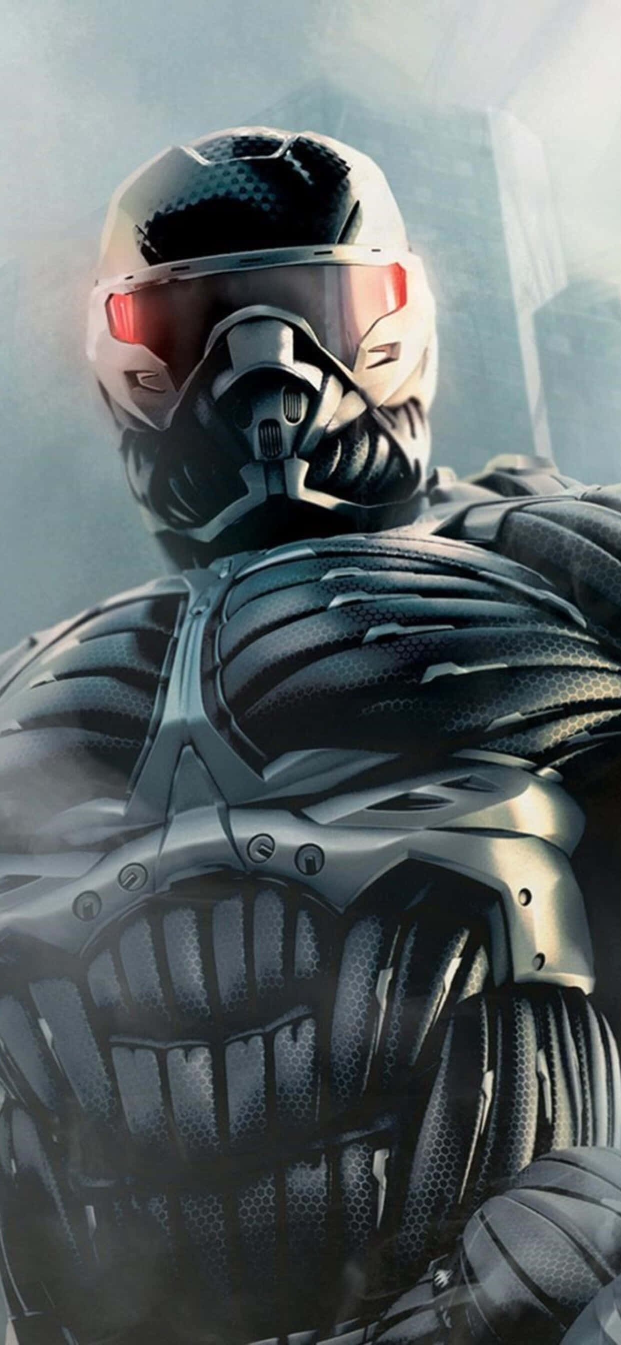 iPhone Xs Max Crysis Warhead 桌布 壁紙 — 一位未來風格的裝甲戰士，戴著發光的紅色面罩，站在霧氣瀰漫的城市環境中。