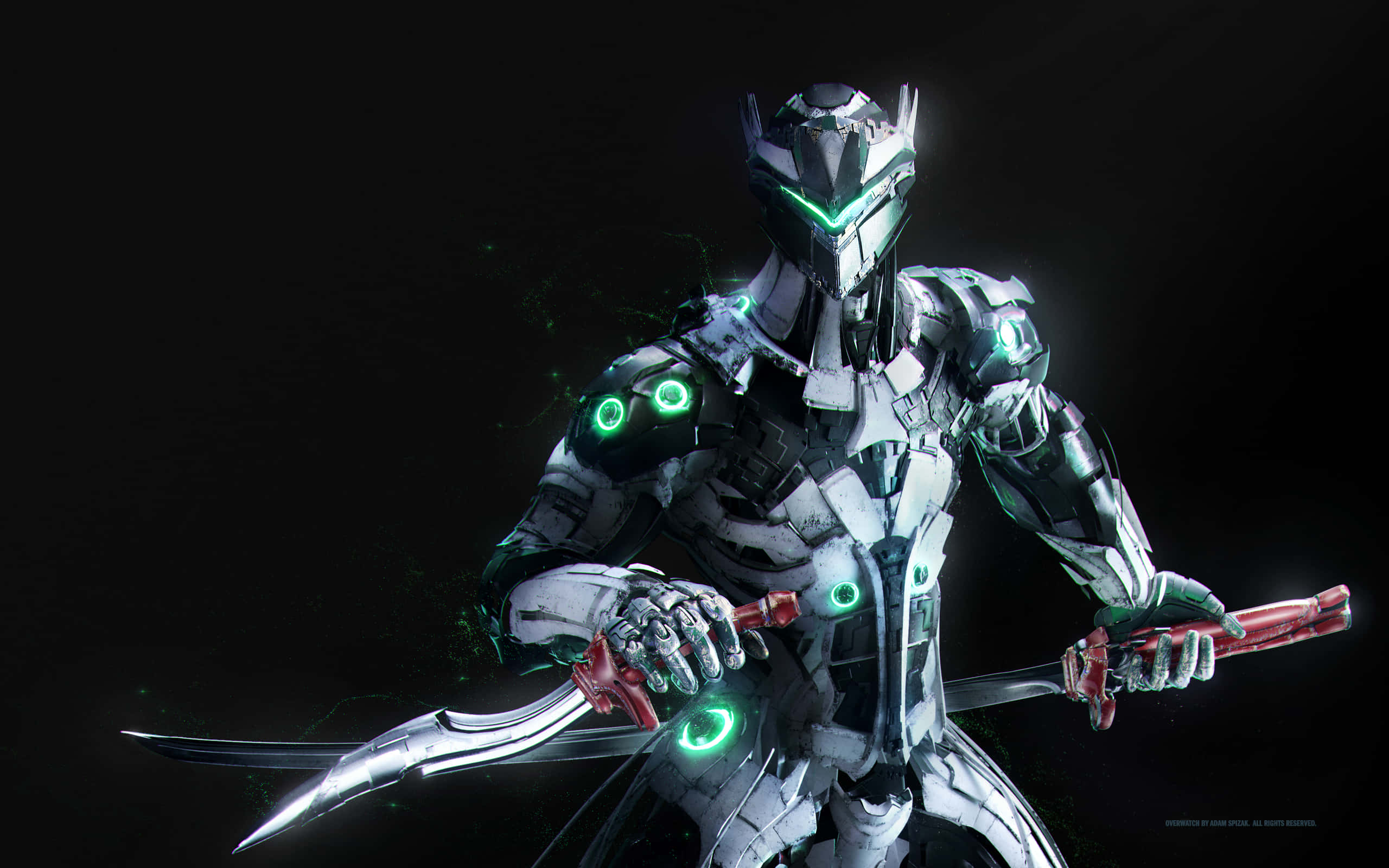 Genji 4K 桌布 壁紙 — 一位未來風格的裝甲戰士，擁有發光的綠色眼睛和電路，在黑暗虛空中揮舞兩把鋒利的劍。