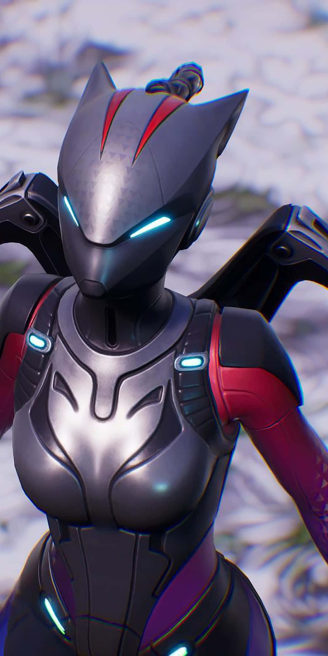 Fortnite 桌布 壁紙 — 一位未來風格的貓耳戰士，身穿流線型銀紅裝甲，藍色眼睛發光，在雪景背景下蓄勢待發。