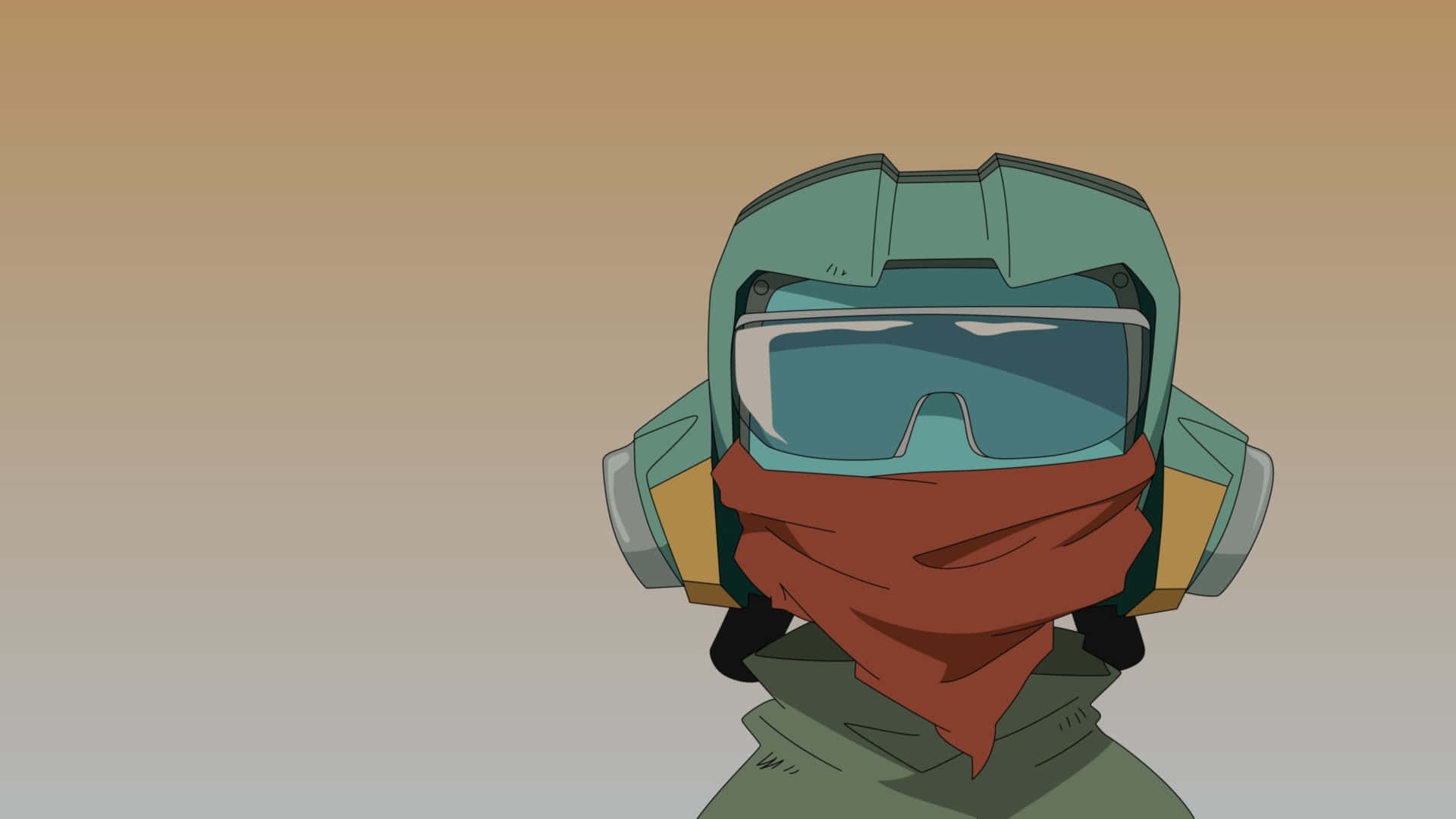Flcl Canti 桌布 壁紙 — 一位未來風格的飛行員，戴著青綠色頭盔和紅色圍巾，在漸變天空前凝視前方。