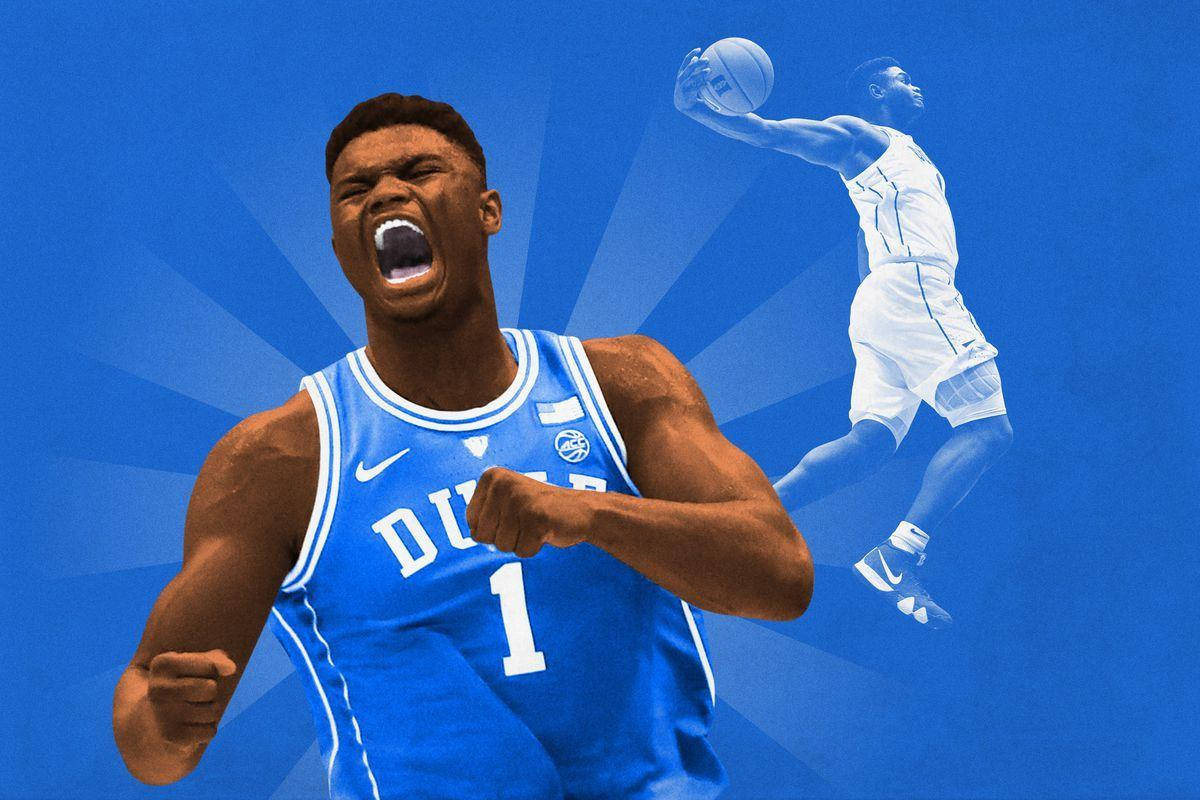 Zion 桌布 壁紙 — 一位杜克大學籃球運動員勝利地咆哮，背後是他灌籃的半透明剪影，在燦爛的藍色背景上漂浮。