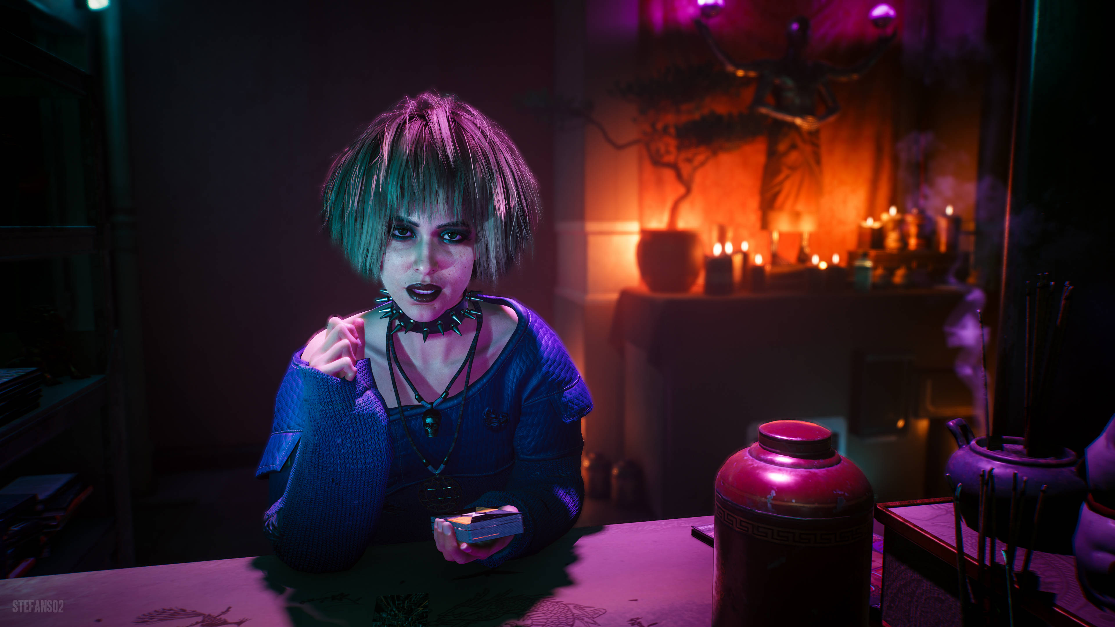 Cyberpunk Desktop 桌布 壁紙 — 一位染著霓虹色頭髮的賽博龐克女性，坐在一張桌子旁，房間光線昏暗，沐浴在紫色和橙色的燭光中。