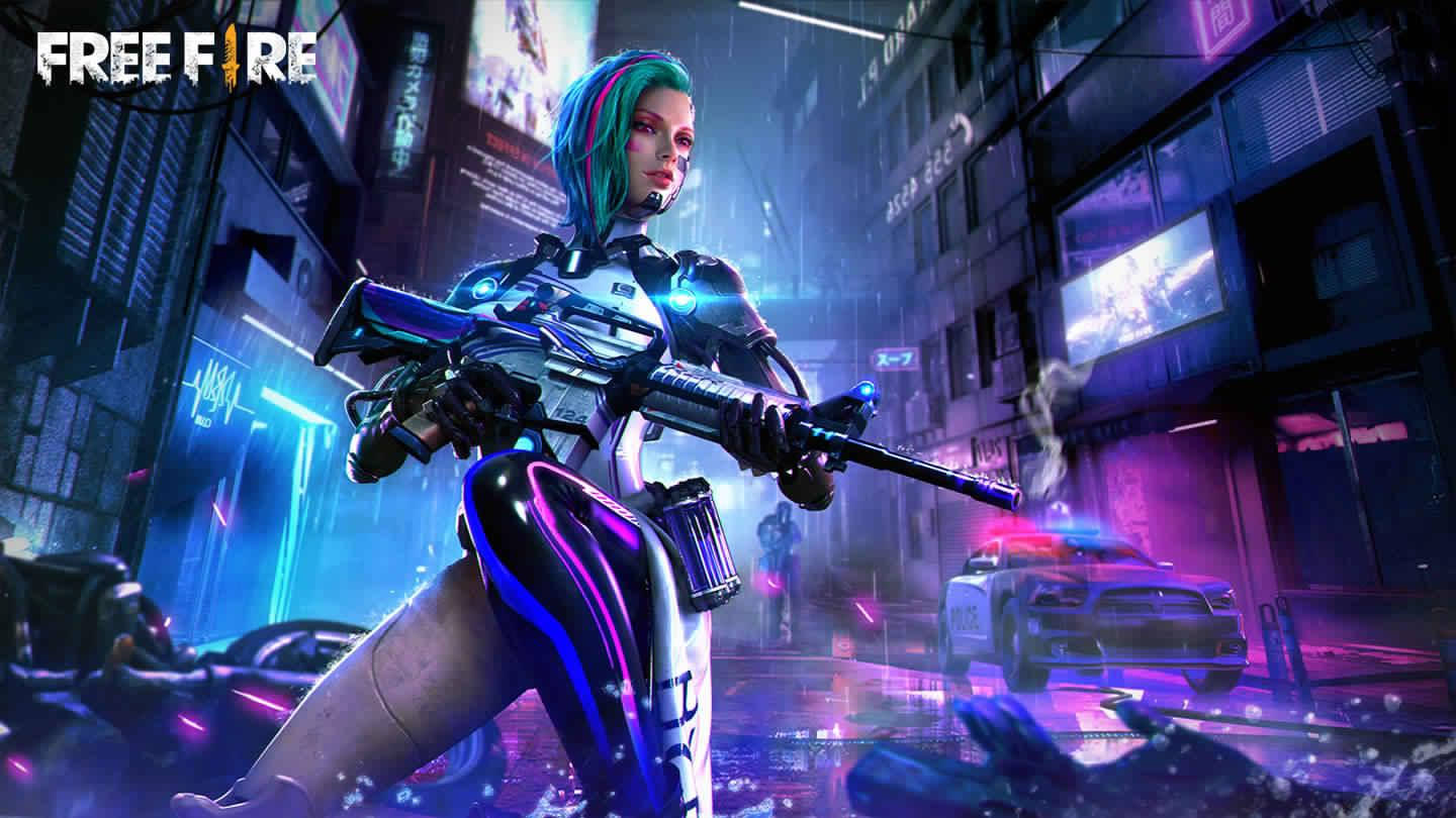 game 桌布 壁紙 — 一位染著霓虹色頭髮的賽博龐克戰士，在雨水浸濕的未來城市街道上揮舞著發光的步槍。