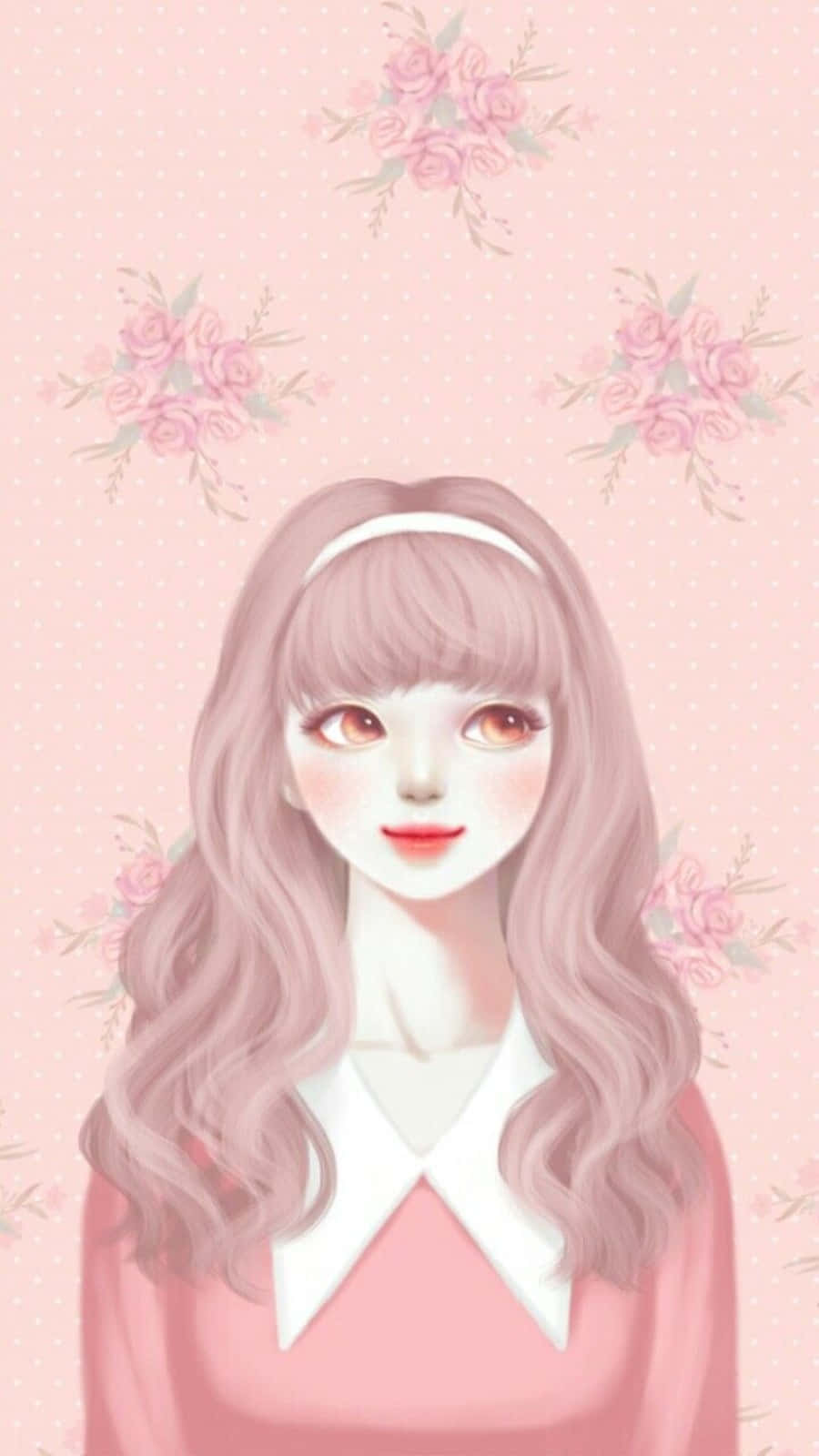 Cute Pink Girl 桌布 壁紙 — 一位柔軟的粉紅色動漫女孩，波浪頭髮和白色頭帶，在花卉圓點背景上溫柔微笑。