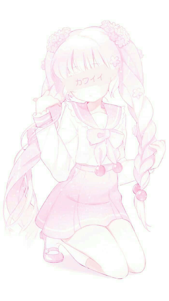 Pastel Pink Aesthetic Anime 桌布 壁紙 — 一位柔軟粉紅色的動漫女孩，編著辮子並帶有花卉飾物，跪在溫柔夢幻的插圖中。