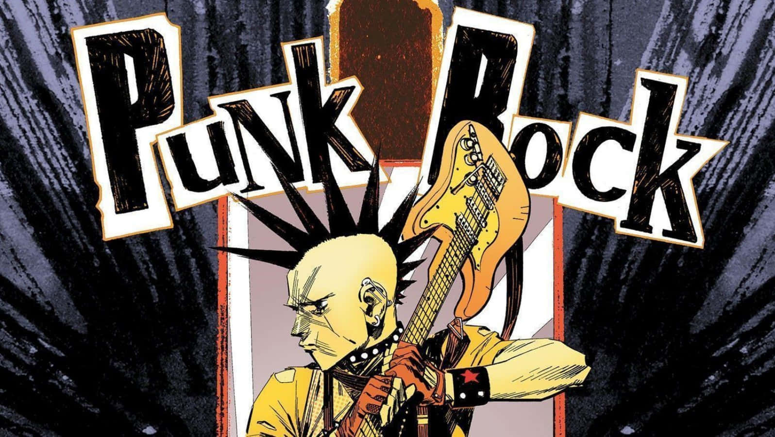 梳莫西干頭的龐克搖滾歌手在「Punk Rock」標誌下彈奏電吉他。 — 吉他動圖 壁紙