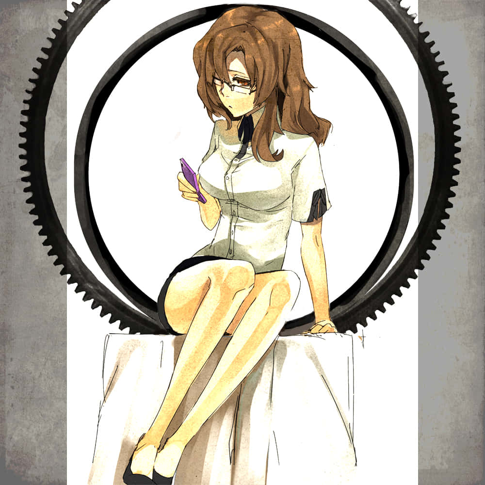 Moeka Kiryu 桌布 壁紙 — 一位棕色頭髮、戴眼鏡的動漫女孩靜靜地坐在白色方塊上，手持紫色手機，周圍環繞著一個大型黑色齒輪。
