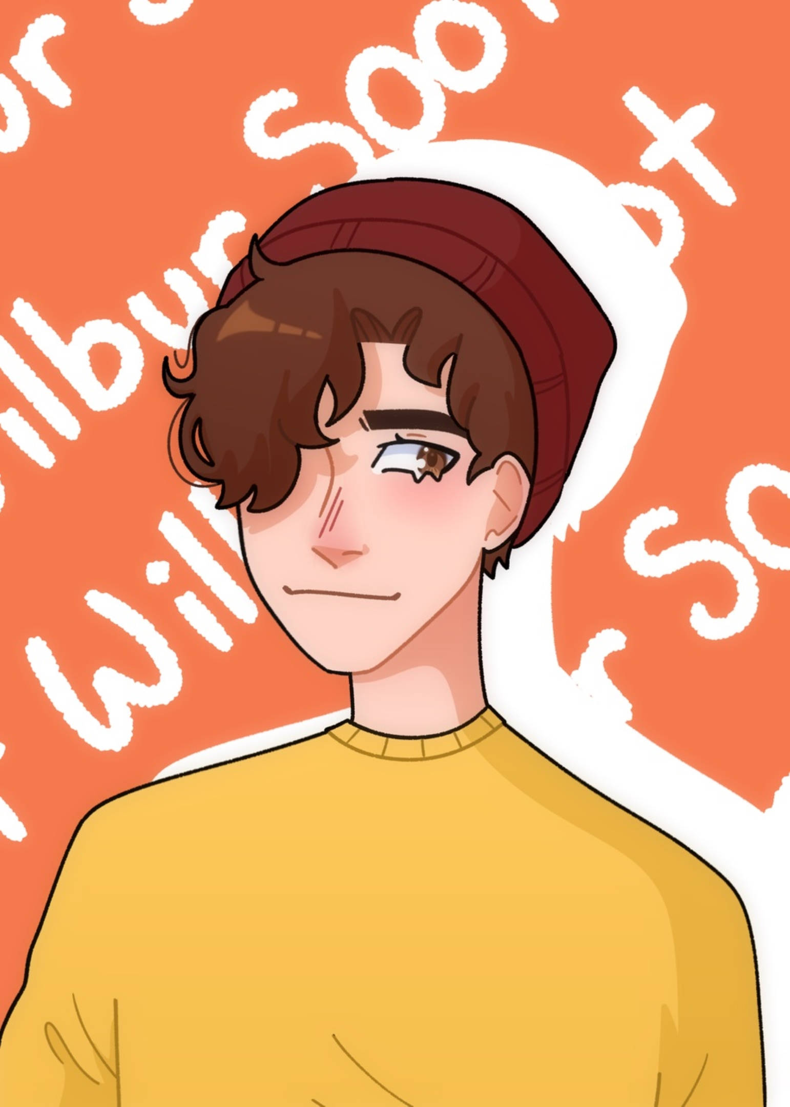 Wilbur 桌布 壁紙 — 一位棕色頭髮、戴紅色毛帽的年輕男子，穿著黃色毛衣，背景為橙色並有白色文字。