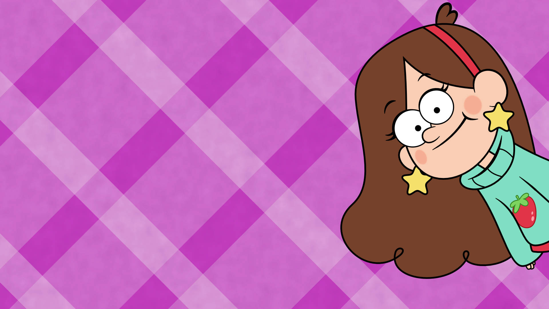 Mabel 桌布 壁紙 — 一位棕色頭髮、戴著星星耳環的卡通女孩在紫色格子背景上微笑。
