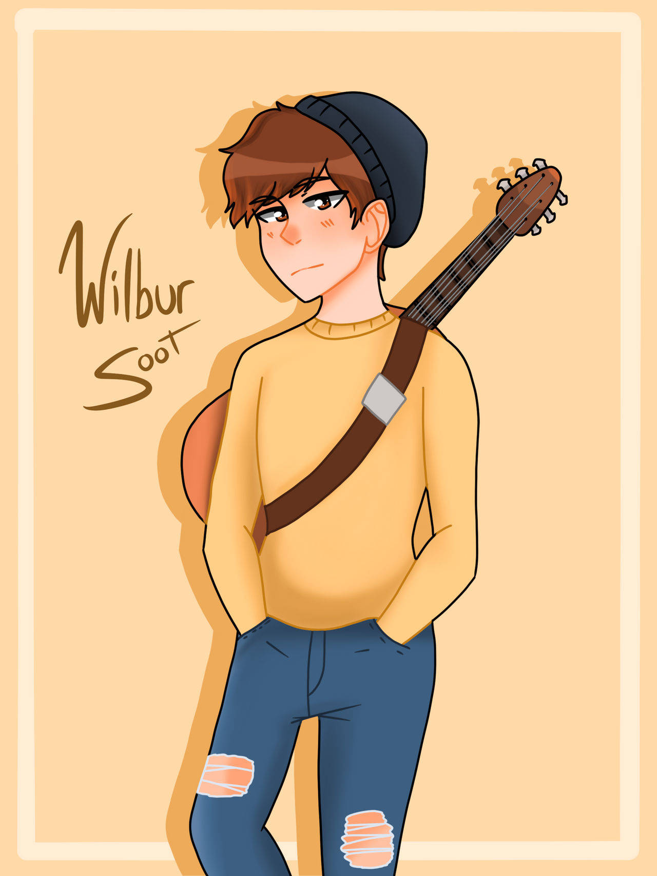 Wilbur 桌布 壁紙 — 一位棕色頭髮、戴黑色毛帽的年輕男子，在溫暖的米色背景上將木吉他扛在肩上。