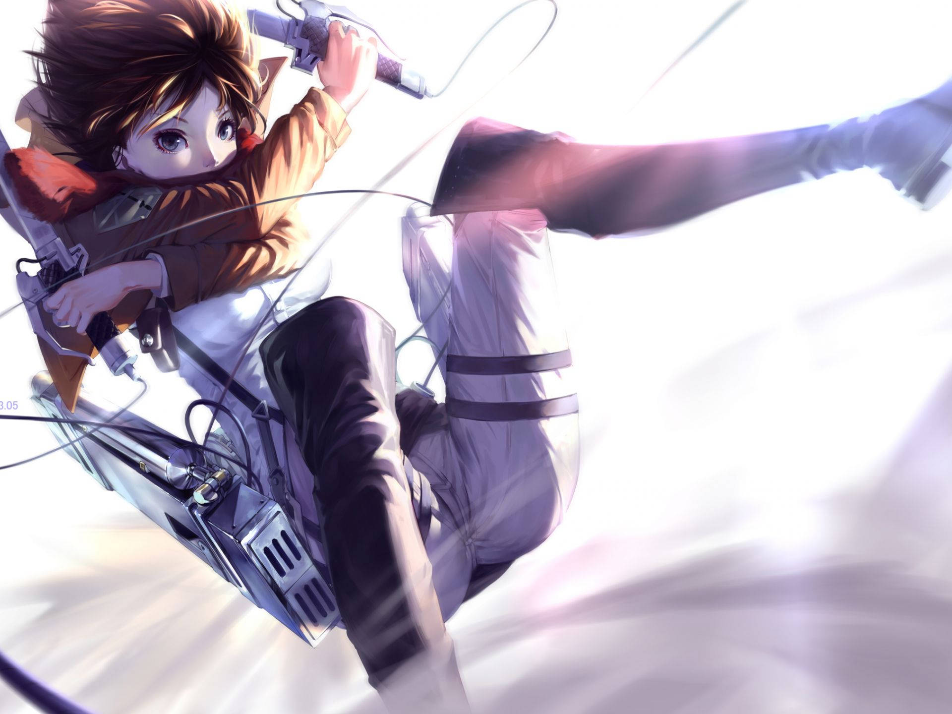 Mikasa Ackerman 桌布 壁紙 — 一位棕色頭髮、眼神堅定的動漫女孩，使用機動裝置在明亮的白色天空中翱翔。