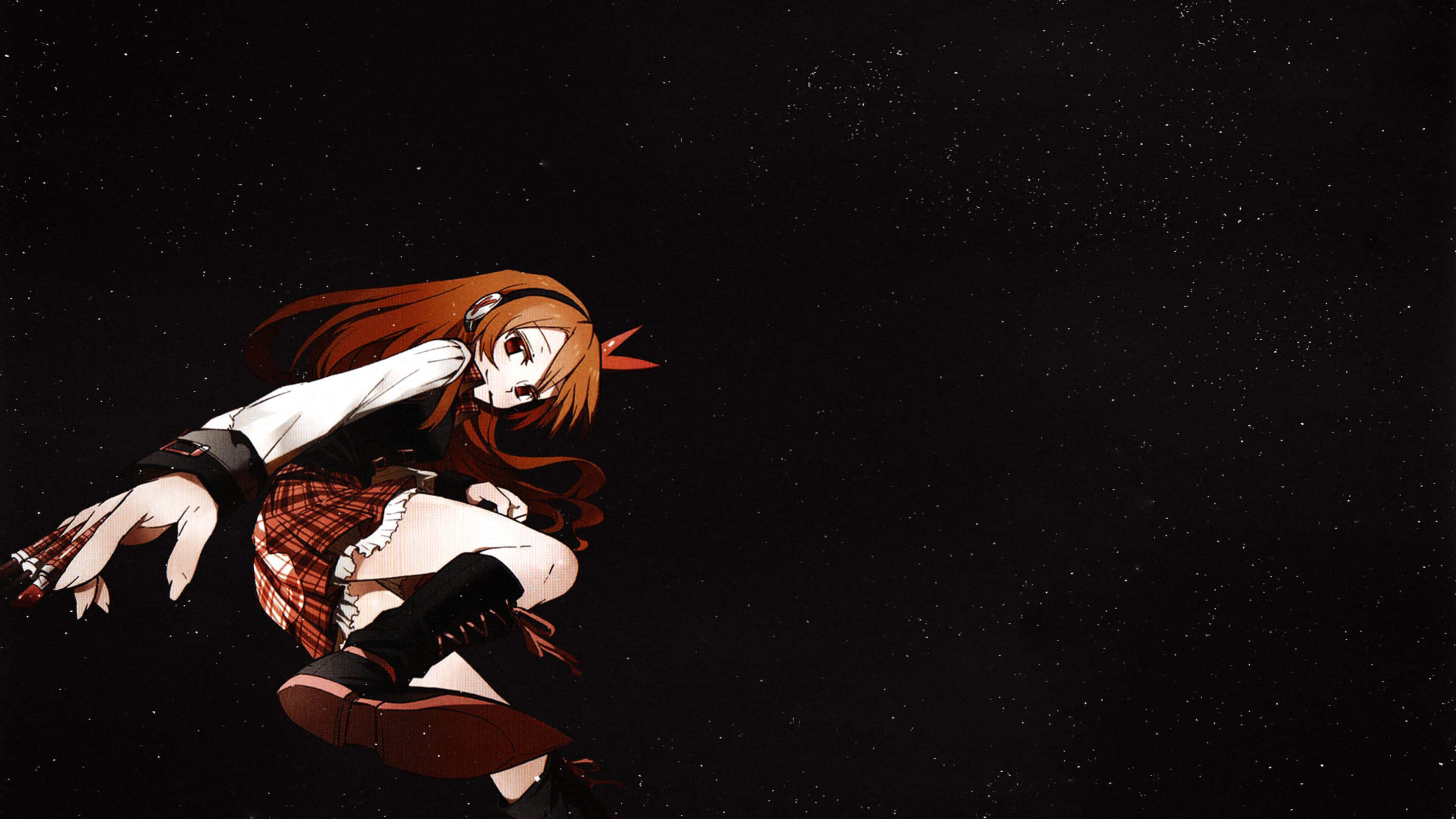 Akame Ga Kill 4K 桌布 壁紙 — 一位棕色頭髮、繫著紅色蝴蝶結的動漫女孩，在繁星點點的黑色夜空中優雅地飄浮。