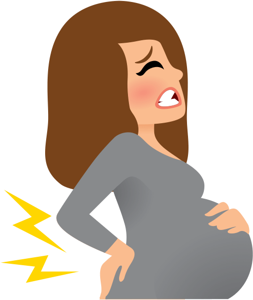 Pregnant Belly 桌布 壁紙 — 一位棕色頭髮的卡通女性因疼痛而扭曲表情，同時抓著懷孕的肚子，並有一個黃色閃電符號象徵不適。