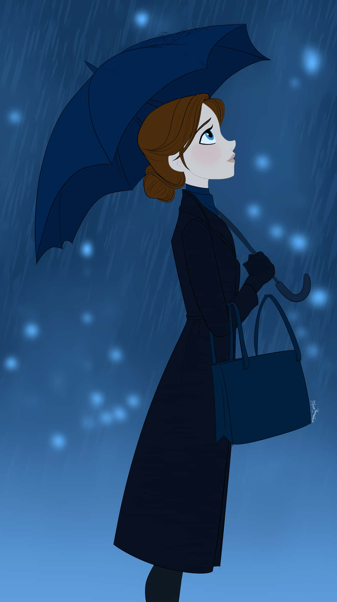 Woman with Umbrella in Downpour, Looking Upward 壁紙 — 一位棕色頭髮的女性拿著深藍色雨傘，並攜帶一個相配的包包，站在下雨的藍色夜景中。