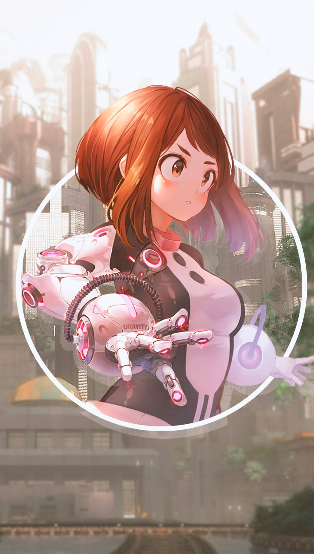 Uraraka 桌布 壁紙 — 一位棕色頭髮的年輕動漫女孩，在模糊的未來城市背景下拿著粉紅色的機械手臂。