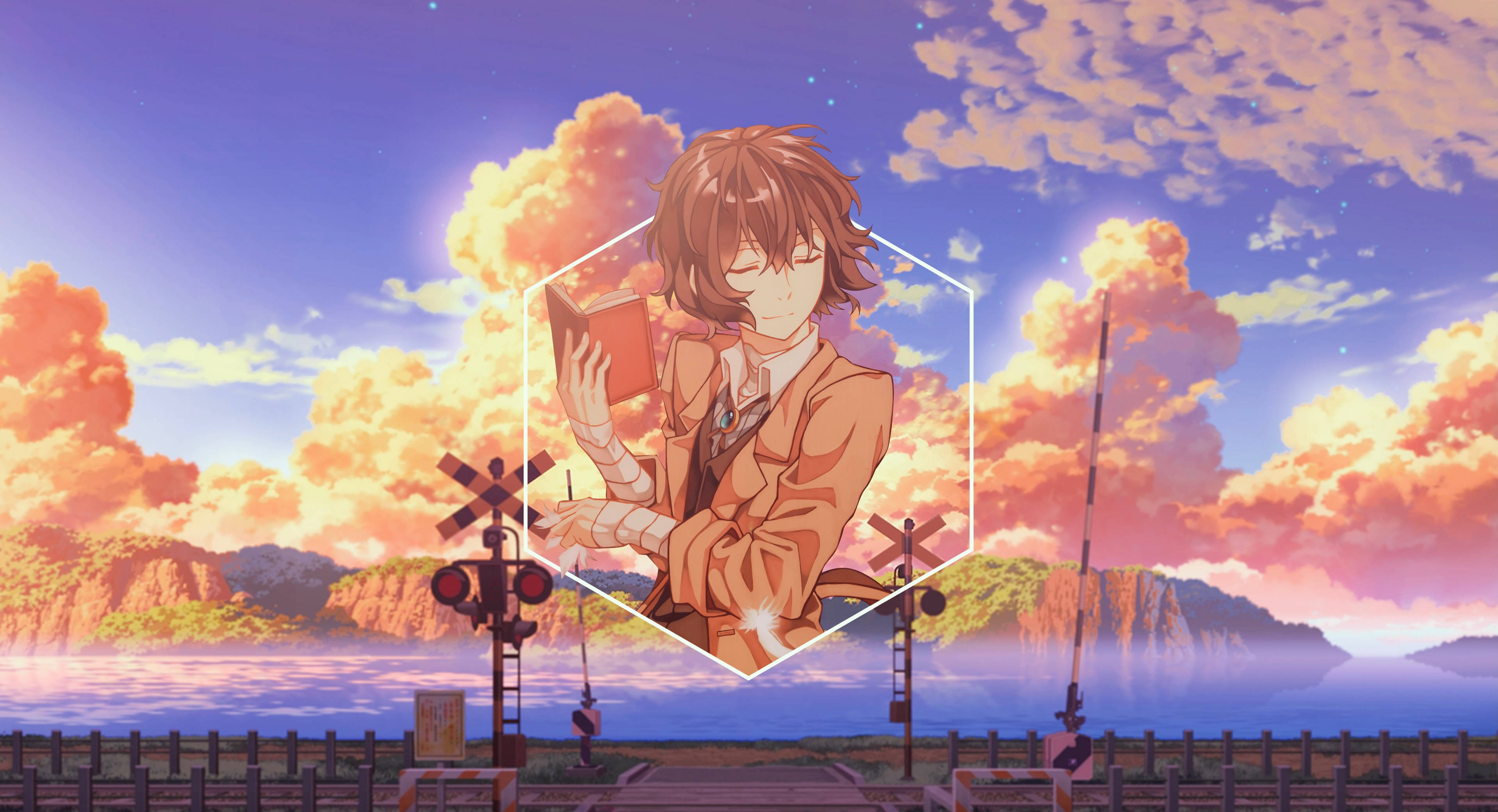 Dazai 桌布 壁紙 — 一位棕色頭髮的年輕動漫女孩在 vibrant 的日落天空下，在鐵路平交道的一個發光六邊形內閱讀一本書。