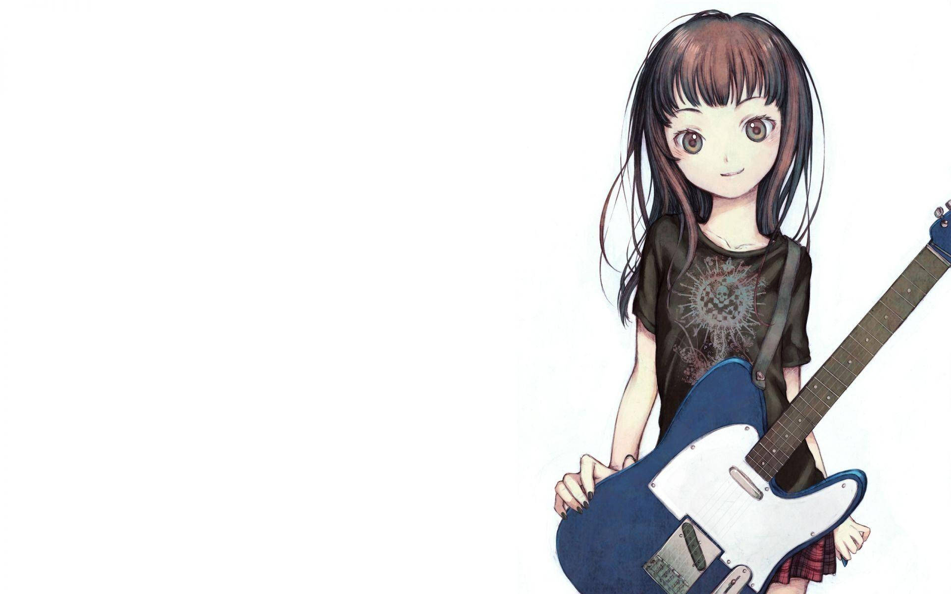 Girly Cartoon 桌布 壁紙 — 一位棕色頭髮的年輕動漫女孩在純白色背景前拿著一把藍色電吉他。