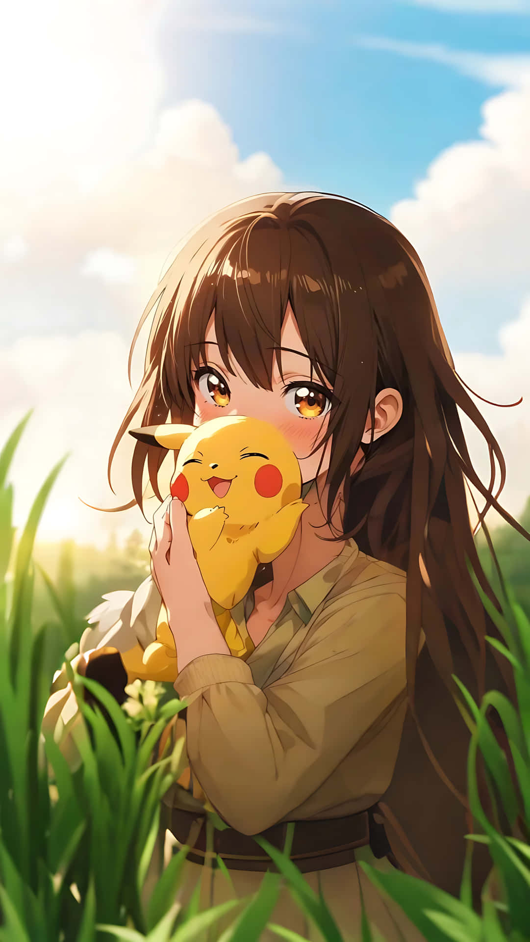 Pikachu's Heartwarming Expressions - A Journey of Cuteness. smartphone wallpaper 壁紙 — 一位棕色頭髮的年輕動漫女孩在藍天下陽光明媚的草地上輕輕擁抱一隻快樂的黃色皮卡丘。