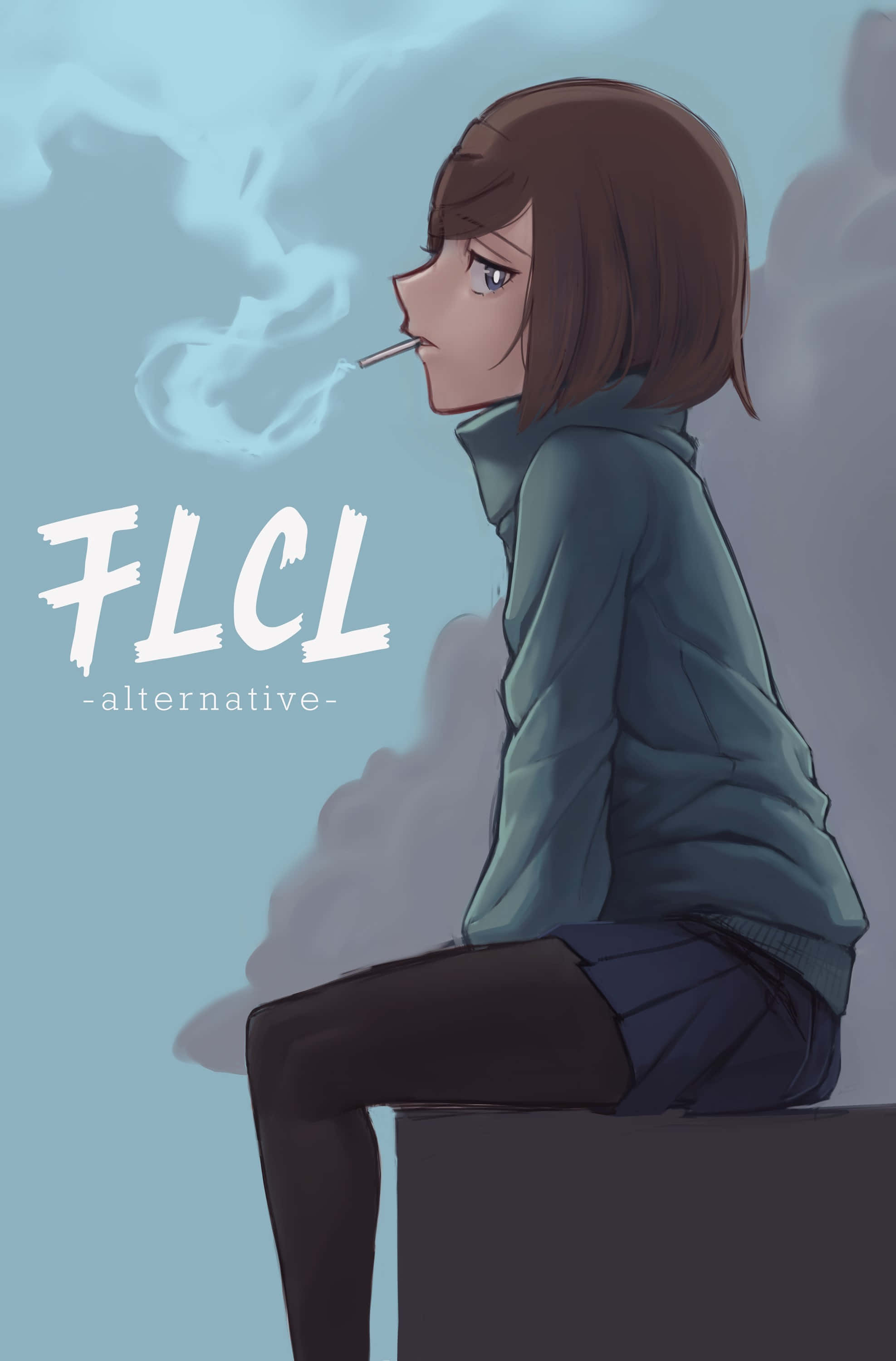 Flcl Alternative 桌布 壁紙 — 一位棕色頭髮的年輕動漫女孩坐在朦朧的藍色背景前，若有所思地抽著煙。