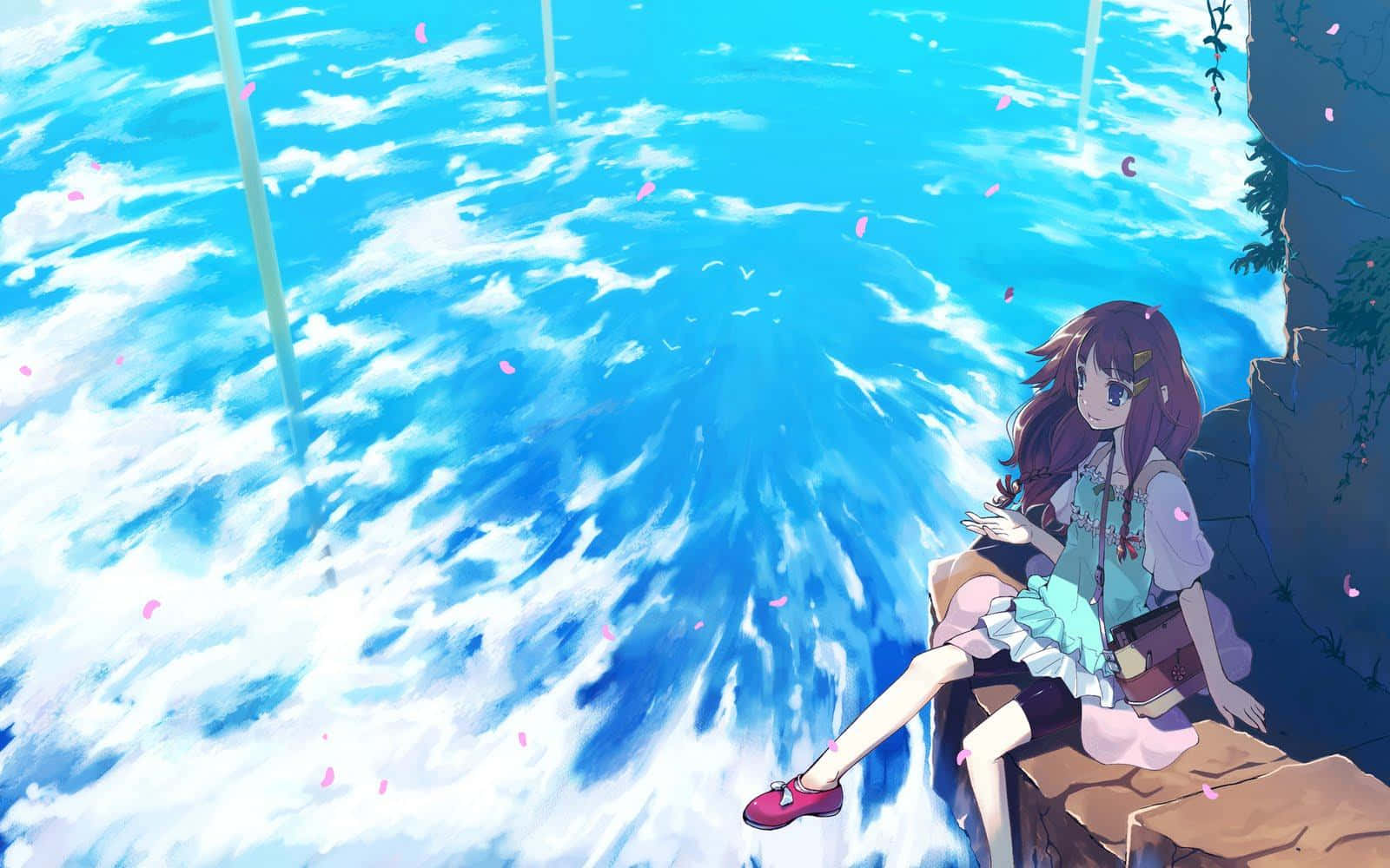 Beautiful Anime 桌布 壁紙 — 一位棕色頭髮的年輕動漫女孩坐在石頭邊緣，俯瞰著一個旋轉的藍色漩渦，粉紅色的櫻花飄浮在她周圍。