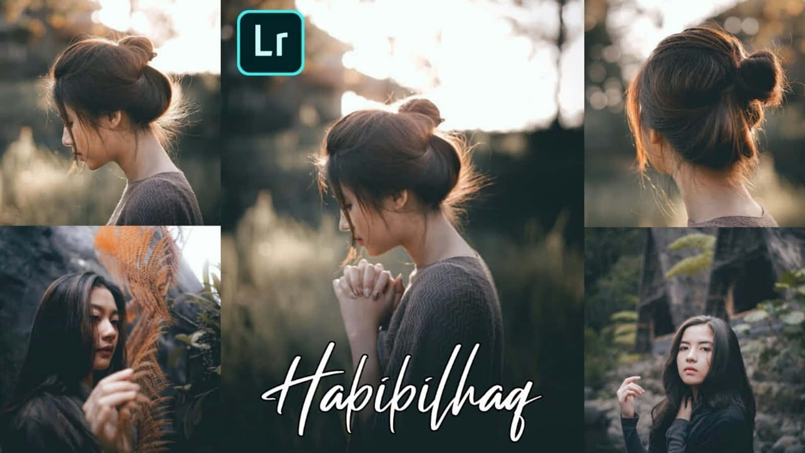 Lightroom Preset 桌布 壁紙 — 一位棕色頭髮盤成髮髻的女性，透過模糊的樹葉，在柔和的金色光芒中若有所思地凝視。