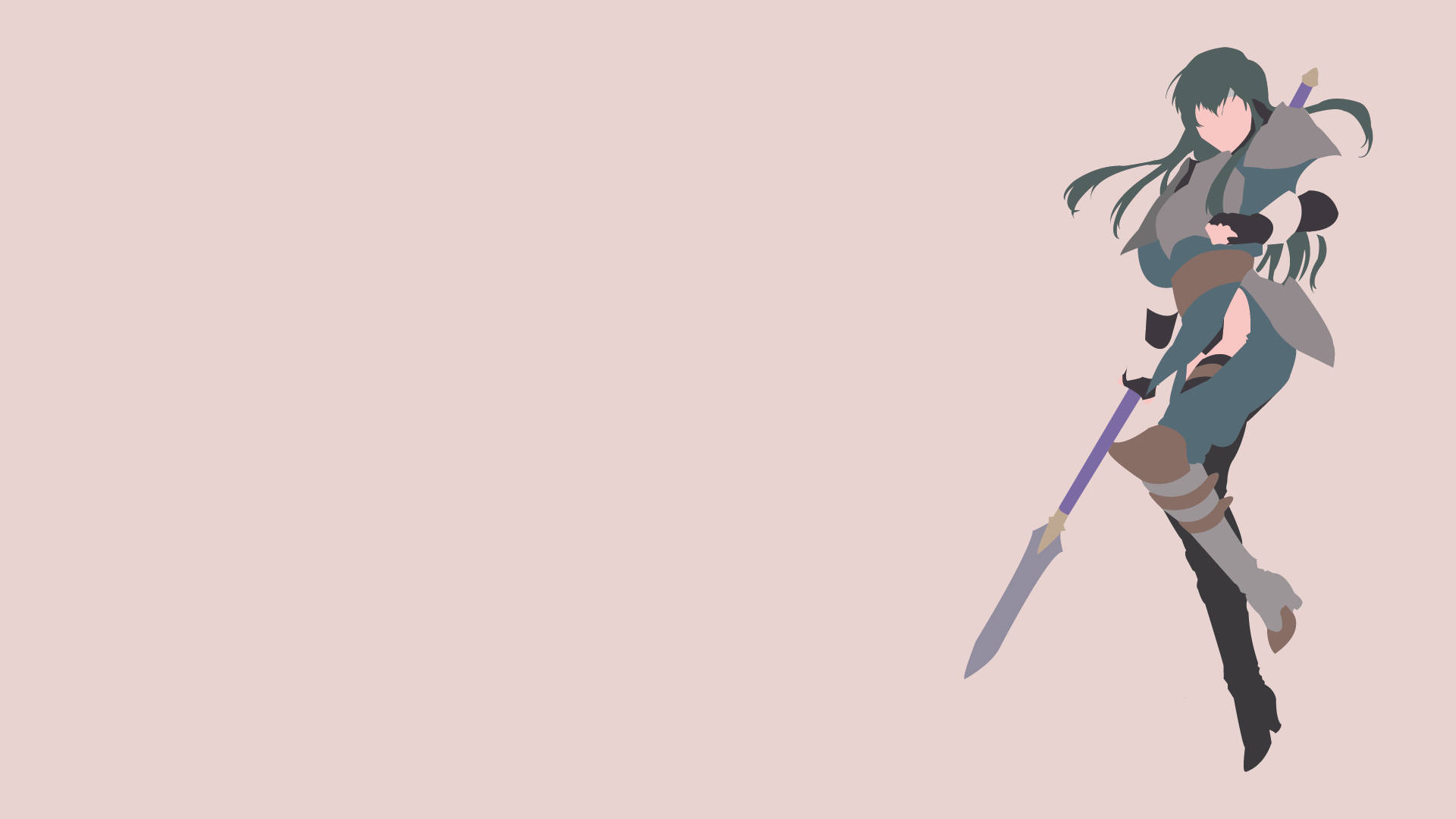 Fire Emblem 桌布 壁紙 — 一位極簡風格的動漫戰士，綠髮持劍，站在柔和的粉紅色背景前。