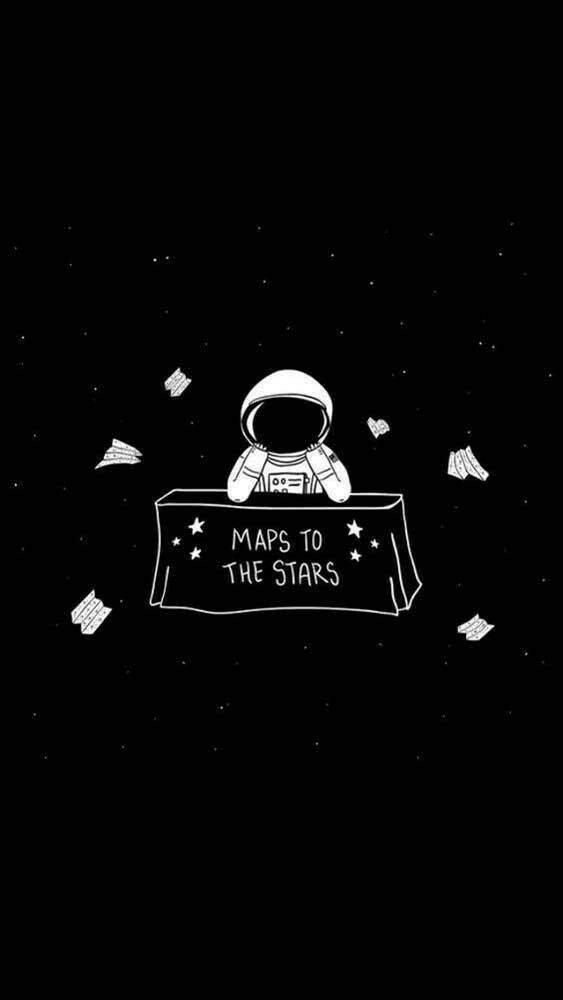 Funny Phone 桌布 壁紙 — 一位極簡風格的太空人坐在一張標有「MAPS TO THE STARS」的桌子旁，背景是繁星點點的黑色，紙飛機漂浮在空中。