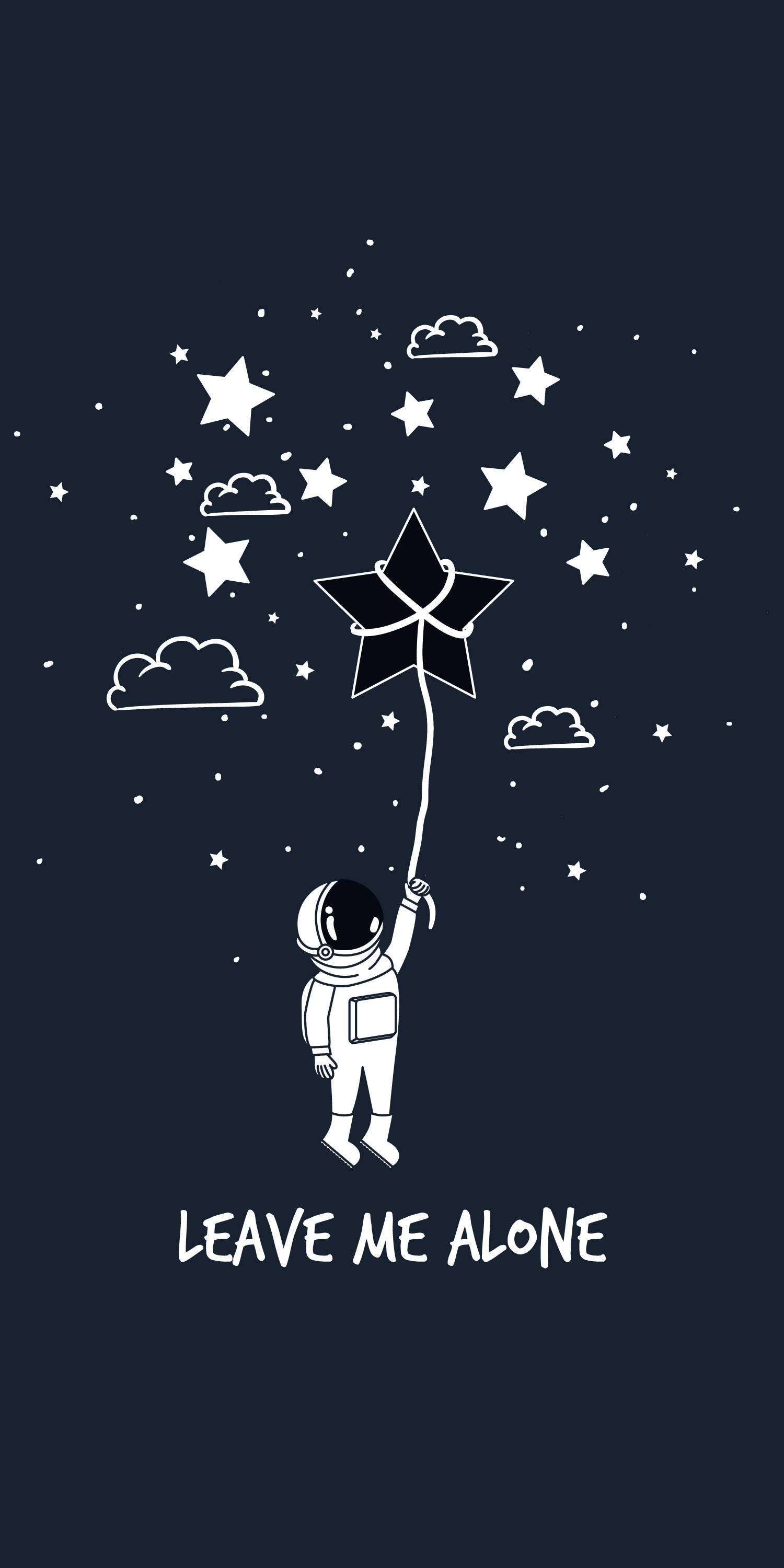 太空人美學 桌布 壁紙 — 一位極簡風格的太空人手持星形氣球，背景是點綴著星星和雲朵的黑暗天空。