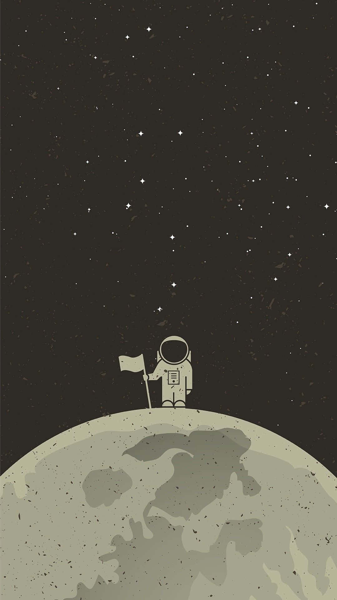  壁紙 — 一位極簡風格的太空人站在佈滿隕石坑的月球上，在繁星點點的夜空下舉著旗幟。