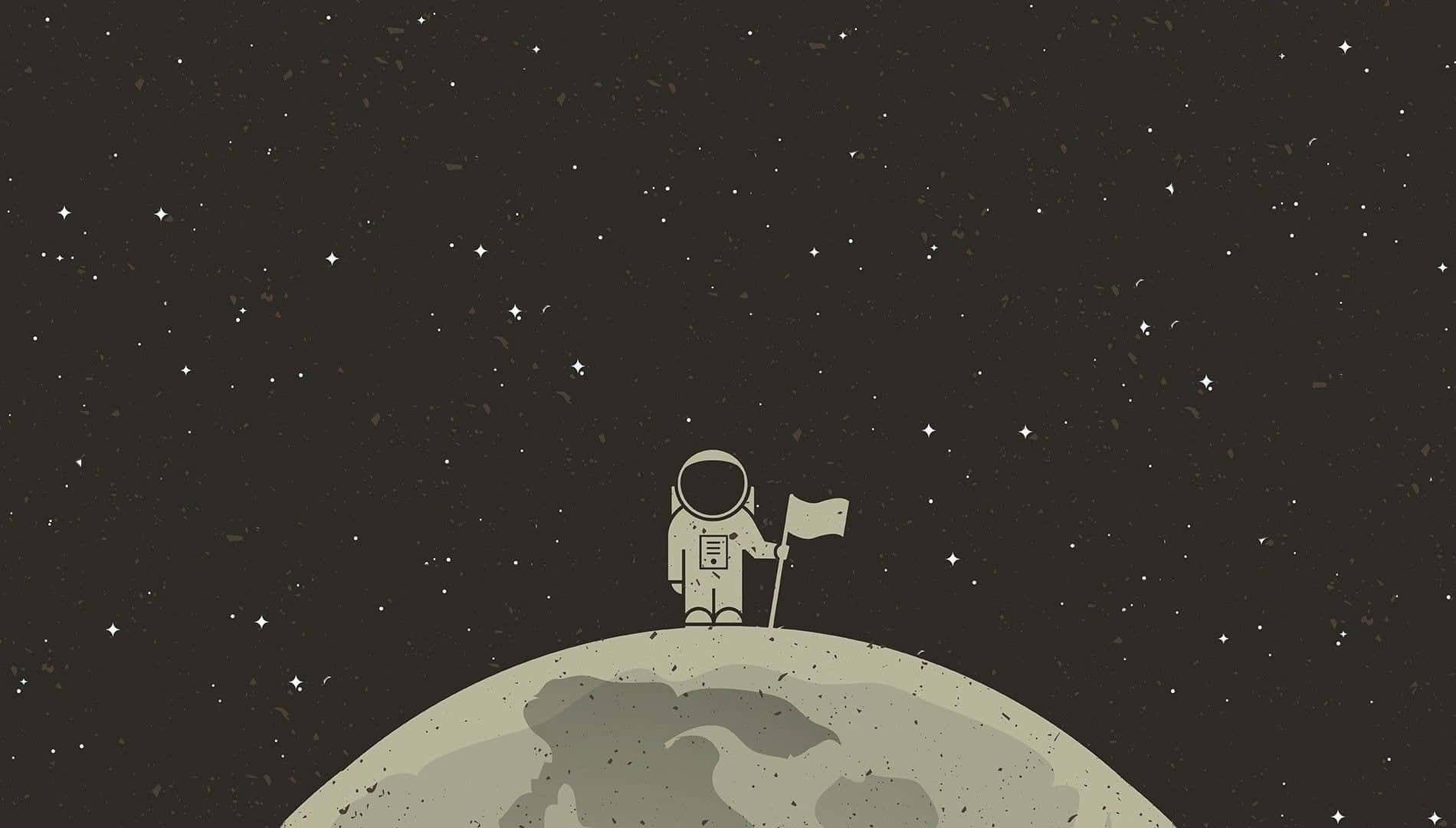 Kawaii Space 桌布 壁紙 — 一位極簡風格的太空人站在佈滿隕石坑的月球上，在星空下舉著旗幟。