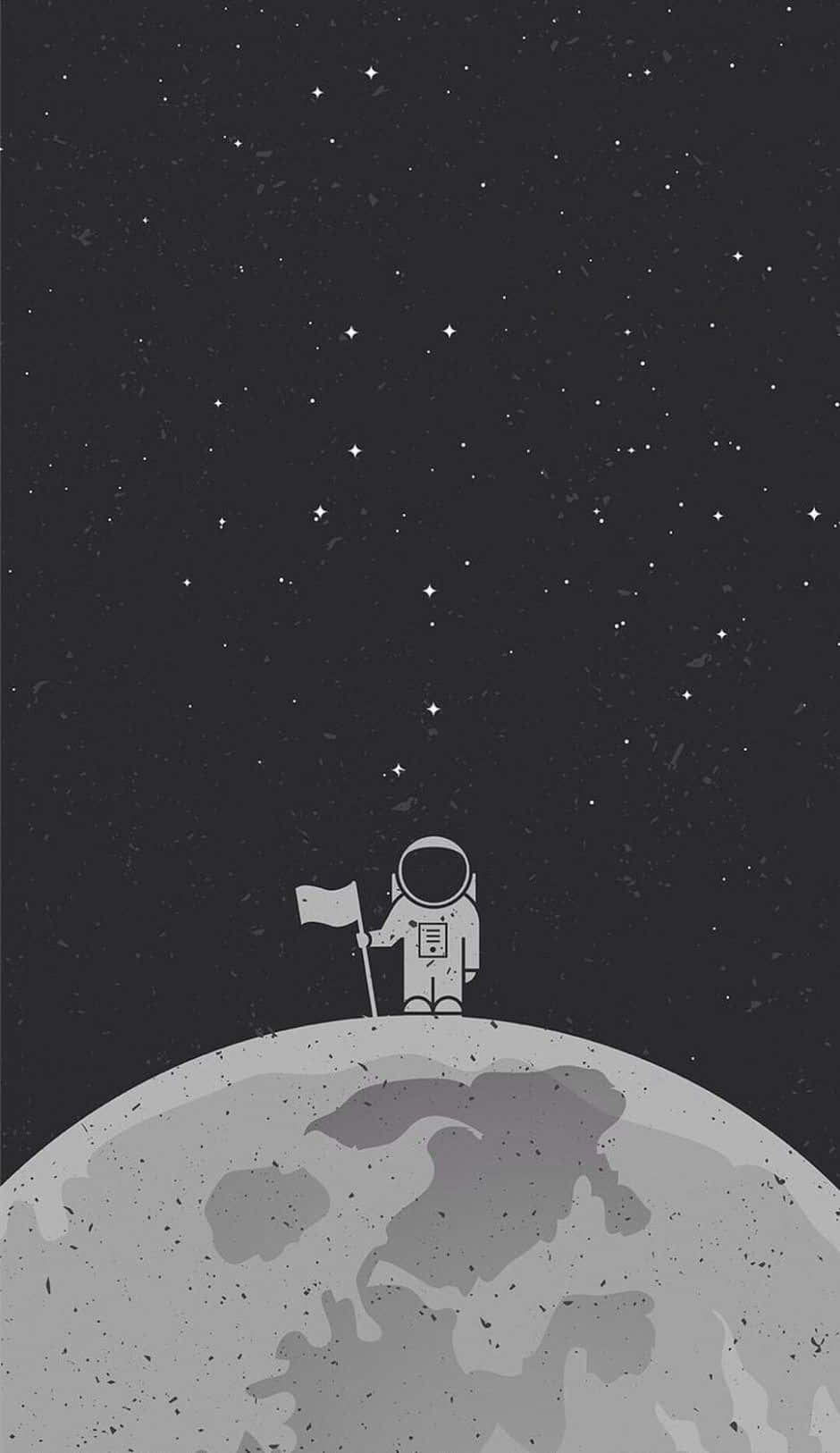 Cartoon Space 桌布 壁紙 — 一位極簡風格的太空人站在佈滿隕石坑的月球上，在星空下舉著旗幟。