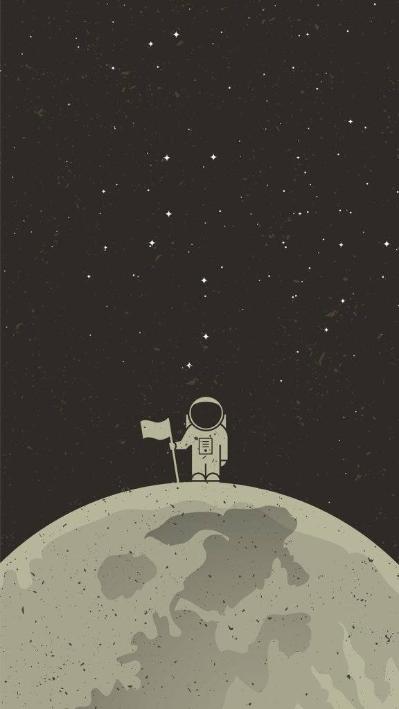 太空中的太空人 桌布 壁紙 — 一位極簡風格的太空人站在佈滿隕石坑的月球上，在星空下舉著旗幟。