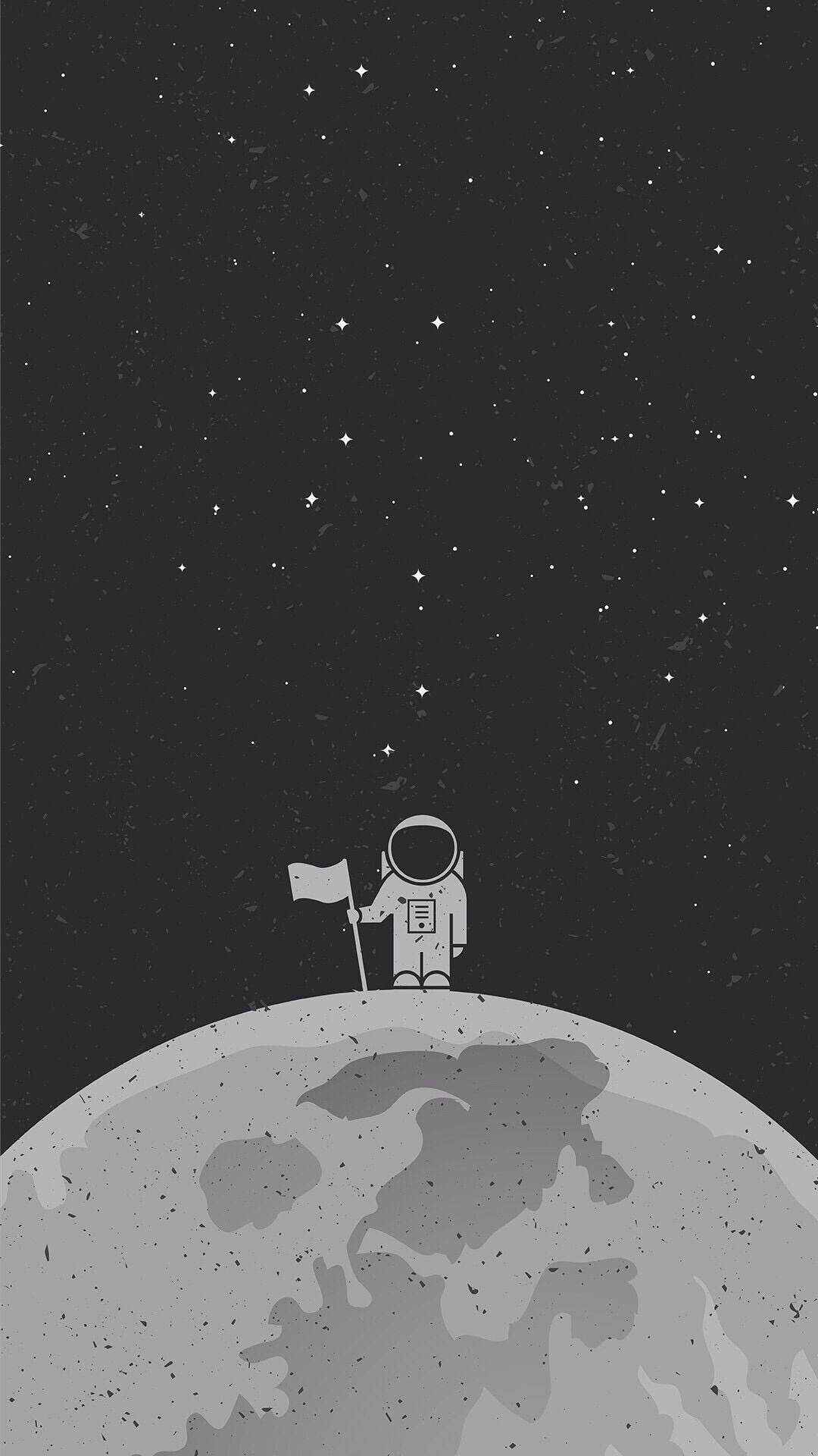 月光 桌布 壁紙 — 一位極簡風格的太空人站在佈滿隕石坑的月球上，在星空下舉著旗幟。