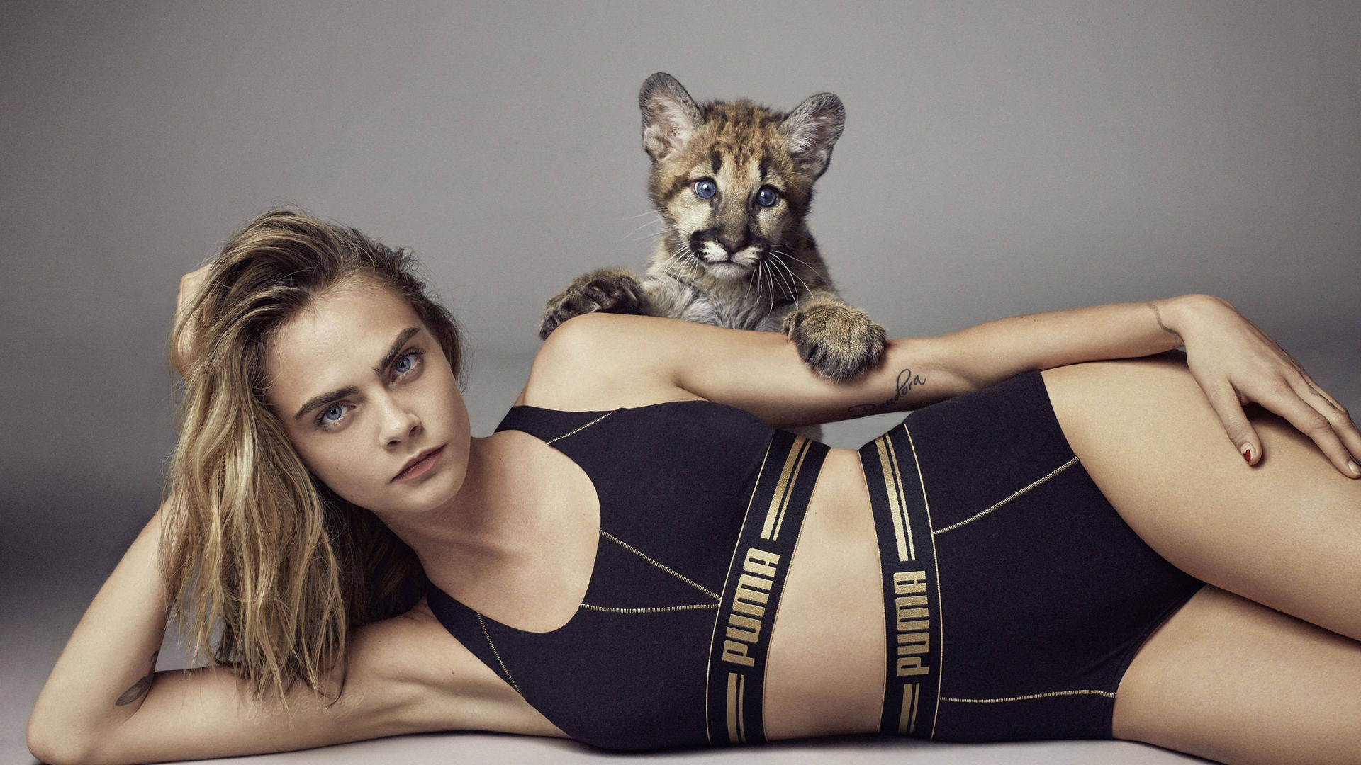 Puma 桌布 壁紙 — 一位模特兒穿著黑色Puma內衣躺在灰色地板上，一隻小野貓幼崽棲息在她的肩膀上。
