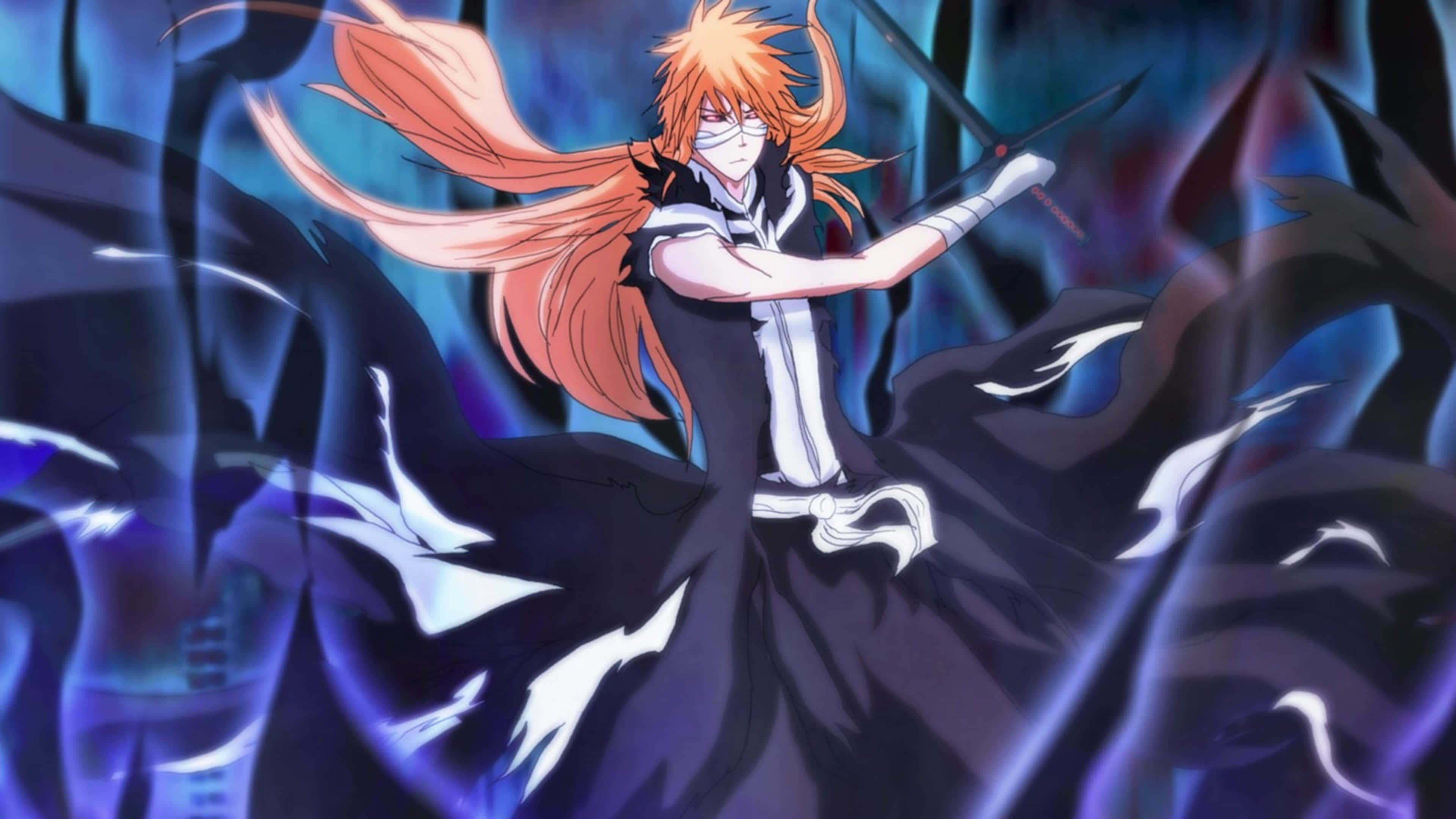 Ichigo 4K 桌布 壁紙 — 一位橙色頭髮、戴白色面具的動漫戰士，在藍色背景中揮舞著劍，周圍環繞著旋轉的黑暗能量。
