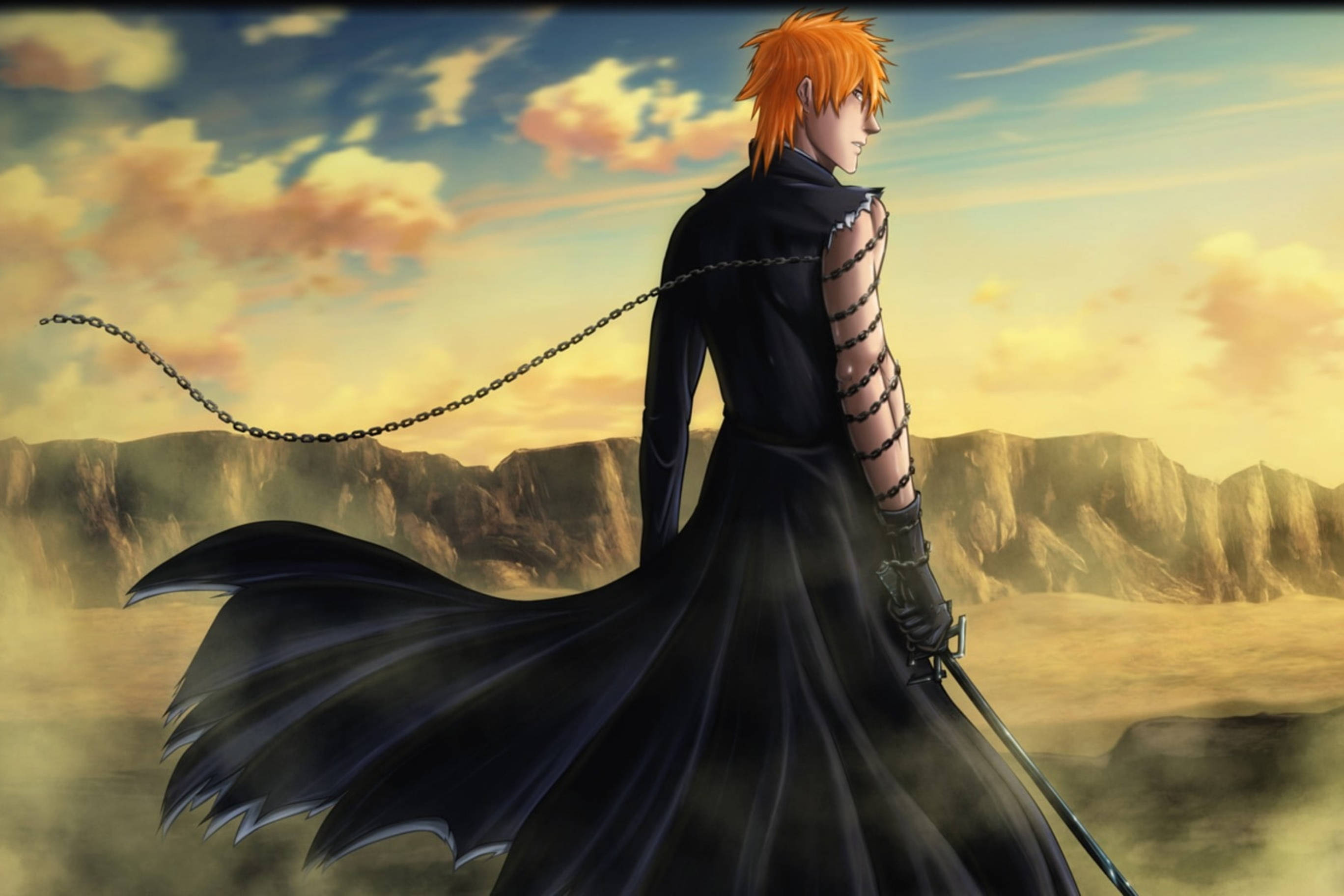 Bankai 桌布 壁紙 — 一位橙色頭髮、身穿黑色外套的動漫戰士，在日落時分的沙漠峽谷中手持劍。