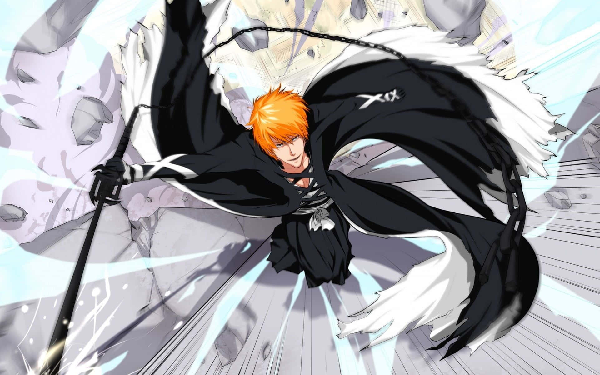 Bleach Thousand-year Blood War Arc 桌布 壁紙 — 一位橙色頭髮、身穿黑色斗篷的動漫戰士，用發光的劍劈開破碎的石頭。