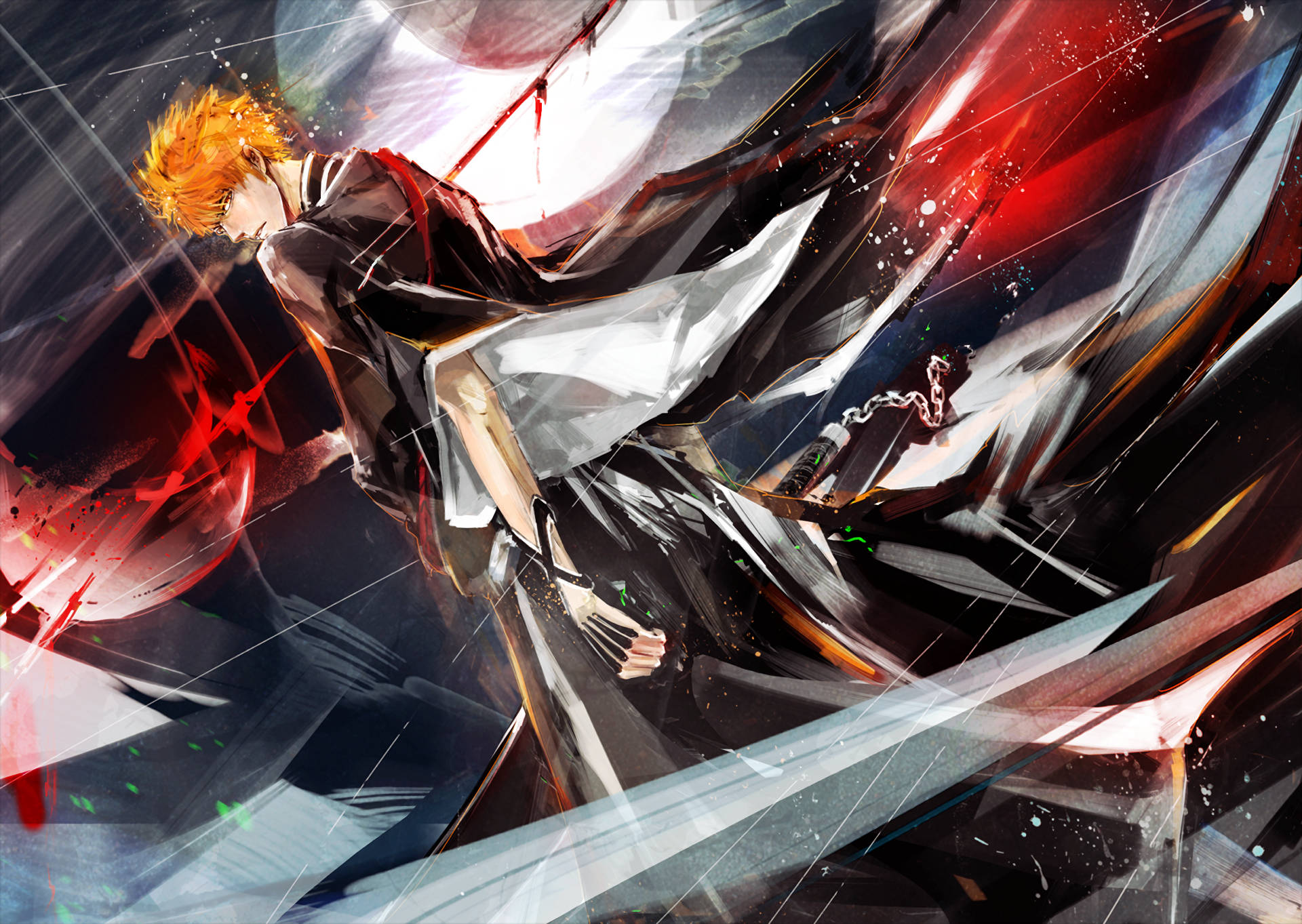 Ichigo Kurosaki 桌布 壁紙 — 一位橙色頭髮的動漫戰士在動態戰鬥姿勢中劈開紅色和銀色能量的風暴。