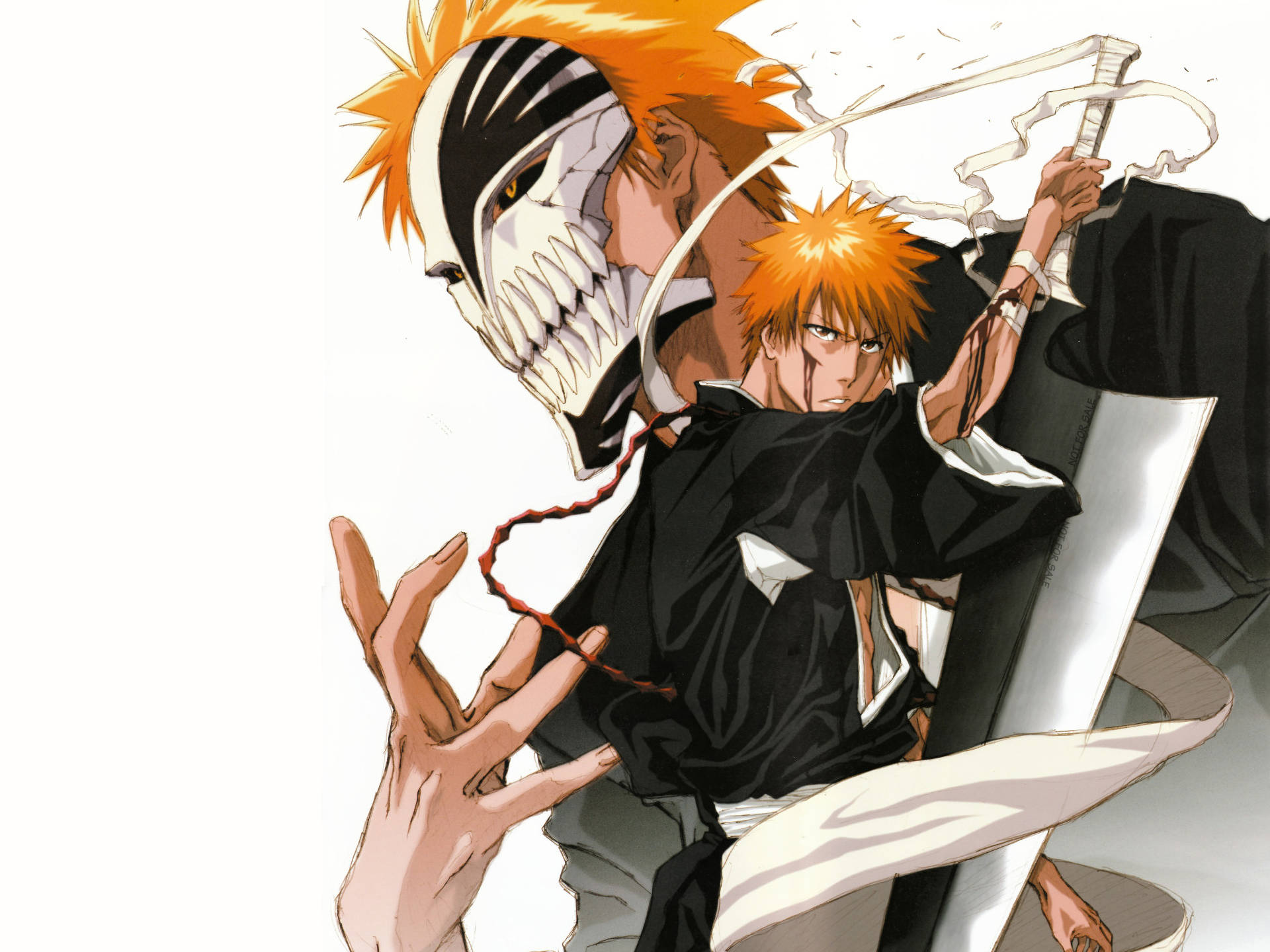 Ichigo Kurosaki 桌布 壁紙 — 一位橙色頭髮的動漫戰士揮舞著劍，他的虛化面具形態在他身後以動態動作呈現。