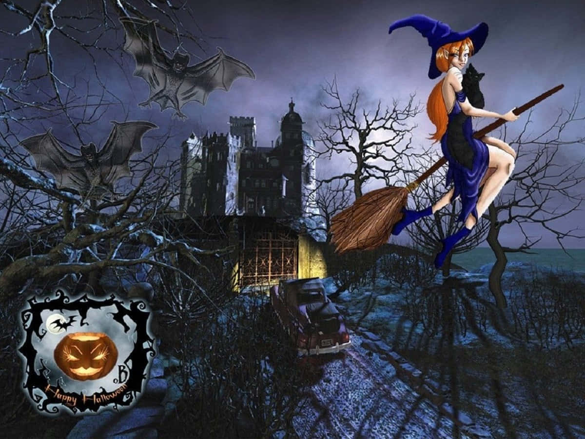 Vampire Costumes 桌布 壁紙 — 一位橙色頭髮的女巫騎著掃帚飛過 haunted 城堡和蝙蝠，在深紫色天空下。