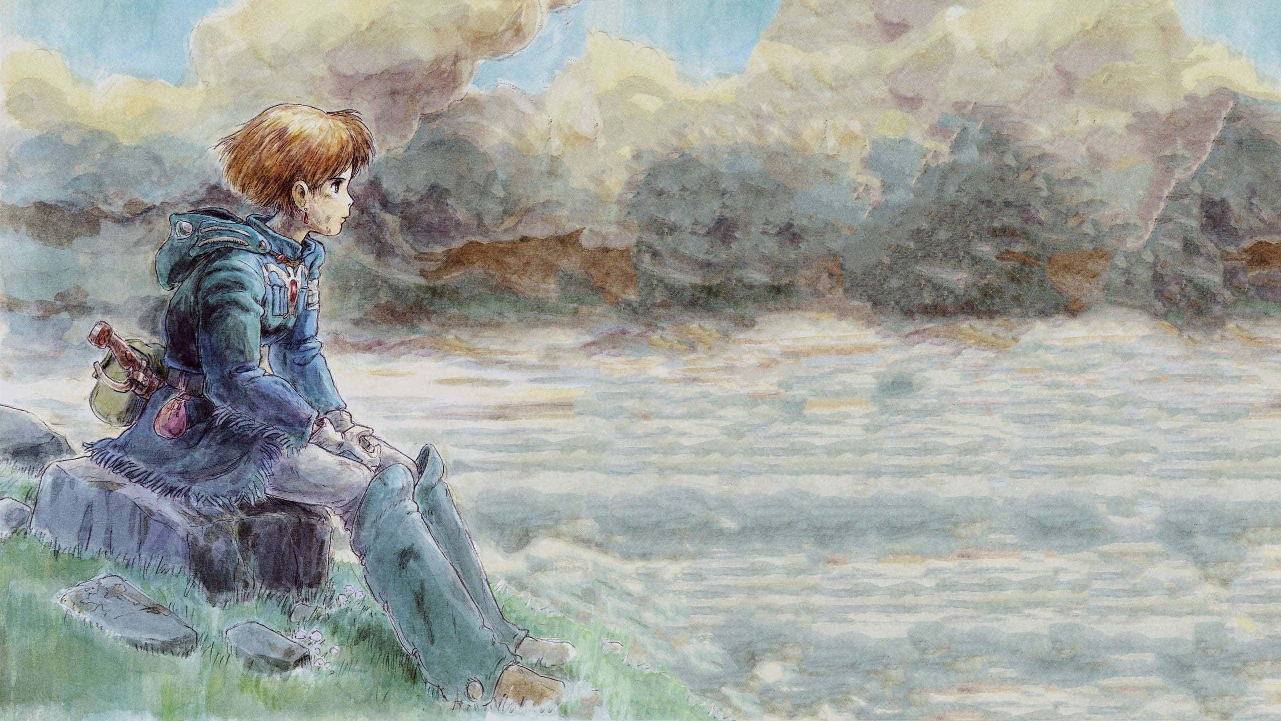nausicaä of the valley of the wind 桌布 壁紙 — 一位橙色頭髮的年輕冒險家坐在霧氣瀰漫的河邊岩石上，在陰天沉思地凝視著流動的河水。