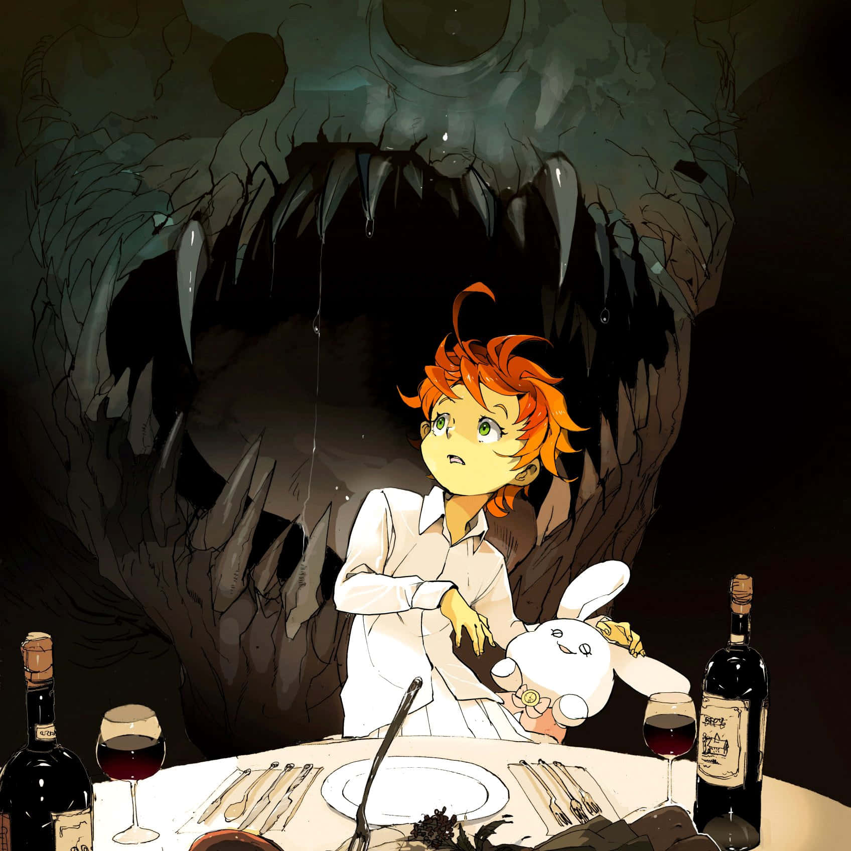 The Promised Neverland 桌布 壁紙 — 一位橙色頭髮的年輕動漫女孩坐在晚餐桌旁，抱著一個兔子絨毛玩具，而一個巨大的怪物面孔在她身後的黑暗中若隱若現。
