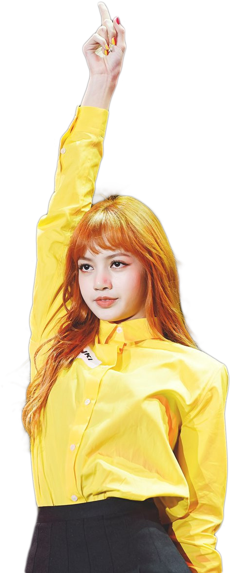 BLACKPINK 桌布 壁紙 — 一位橙髮年輕女性穿著亮黃色襯衫，在黑色背景前舉起手。
