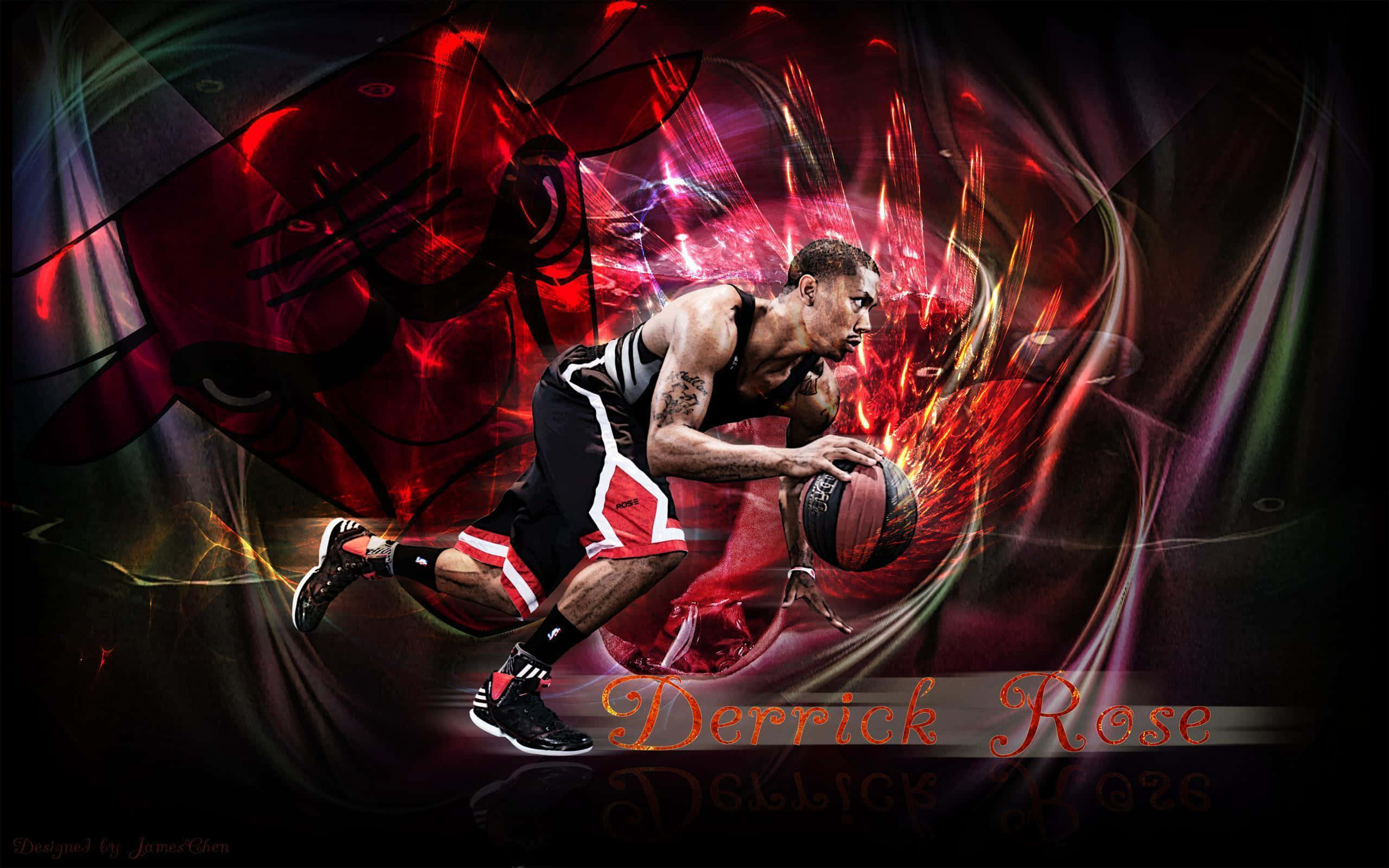 derrick rose 桌布 壁紙 — 一位正在運球中的籃球運動員，被火紅和黑色的抽象能量漩渦包圍，並帶有芝加哥公牛隊標誌。