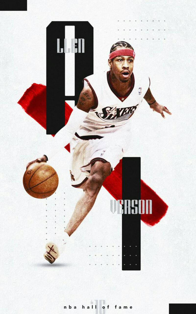  壁紙 — 一位正在運球的動感籃球運動員，身穿帶有紅色點綴的白色Sixers球衣和紅色頭帶。