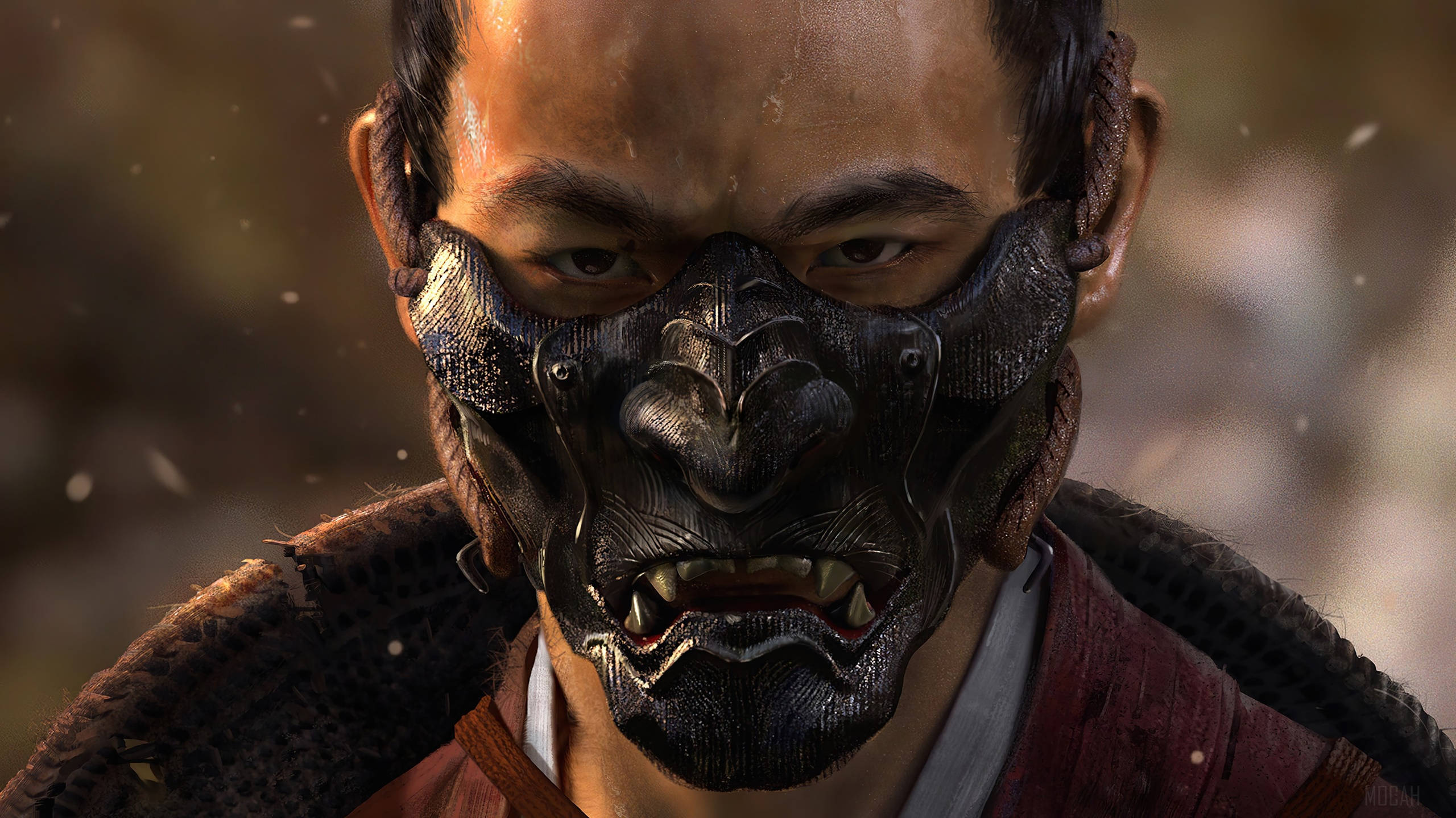 Oni 桌布 壁紙 — 一位武士戰士在迷霧森林中戴著一個露出牙齒、眼睛發光的兇猛黑色鬼面具。