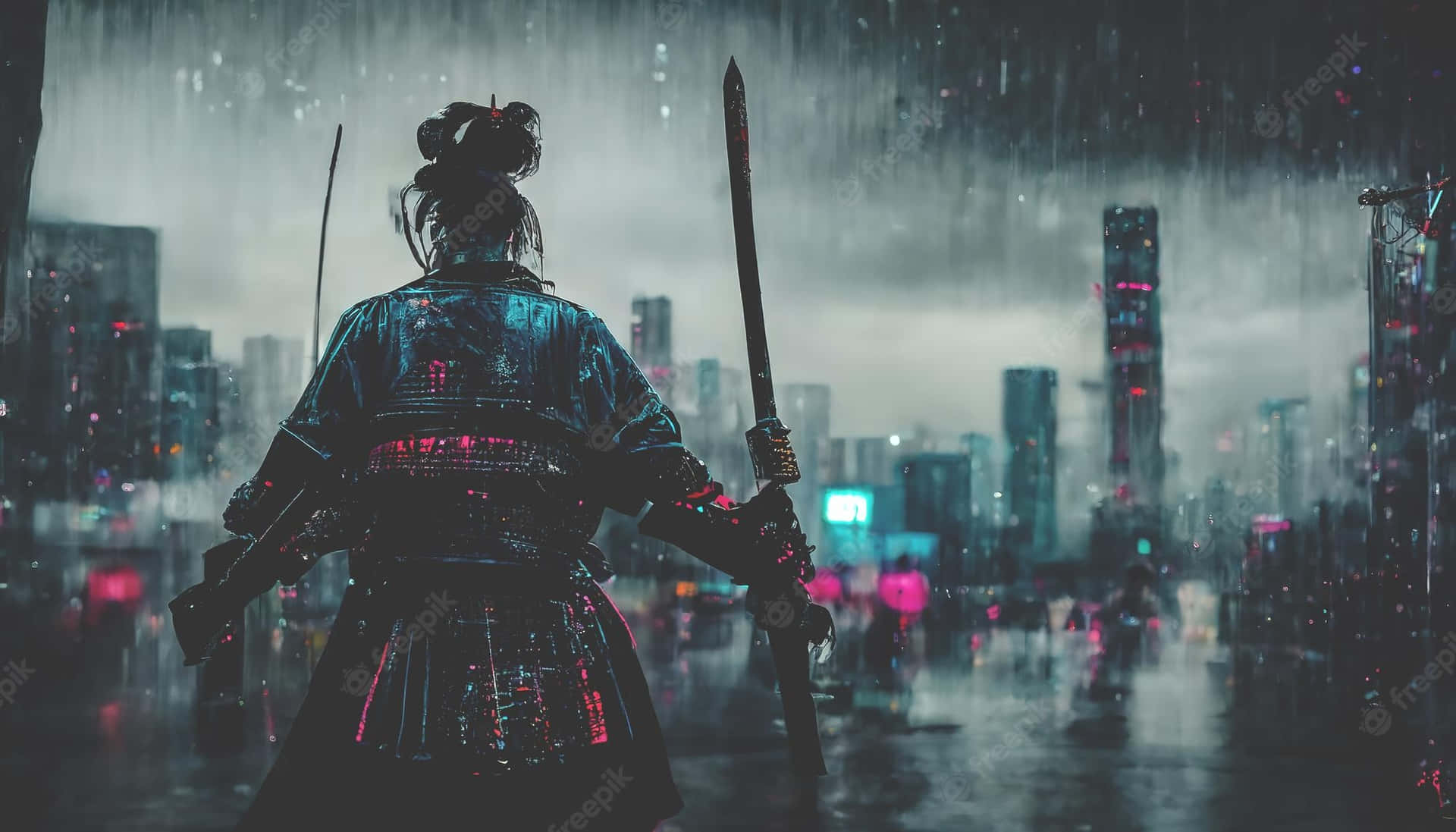 武士戰士在雨夜霓虹城市中持刀 — 武士動畫 壁紙